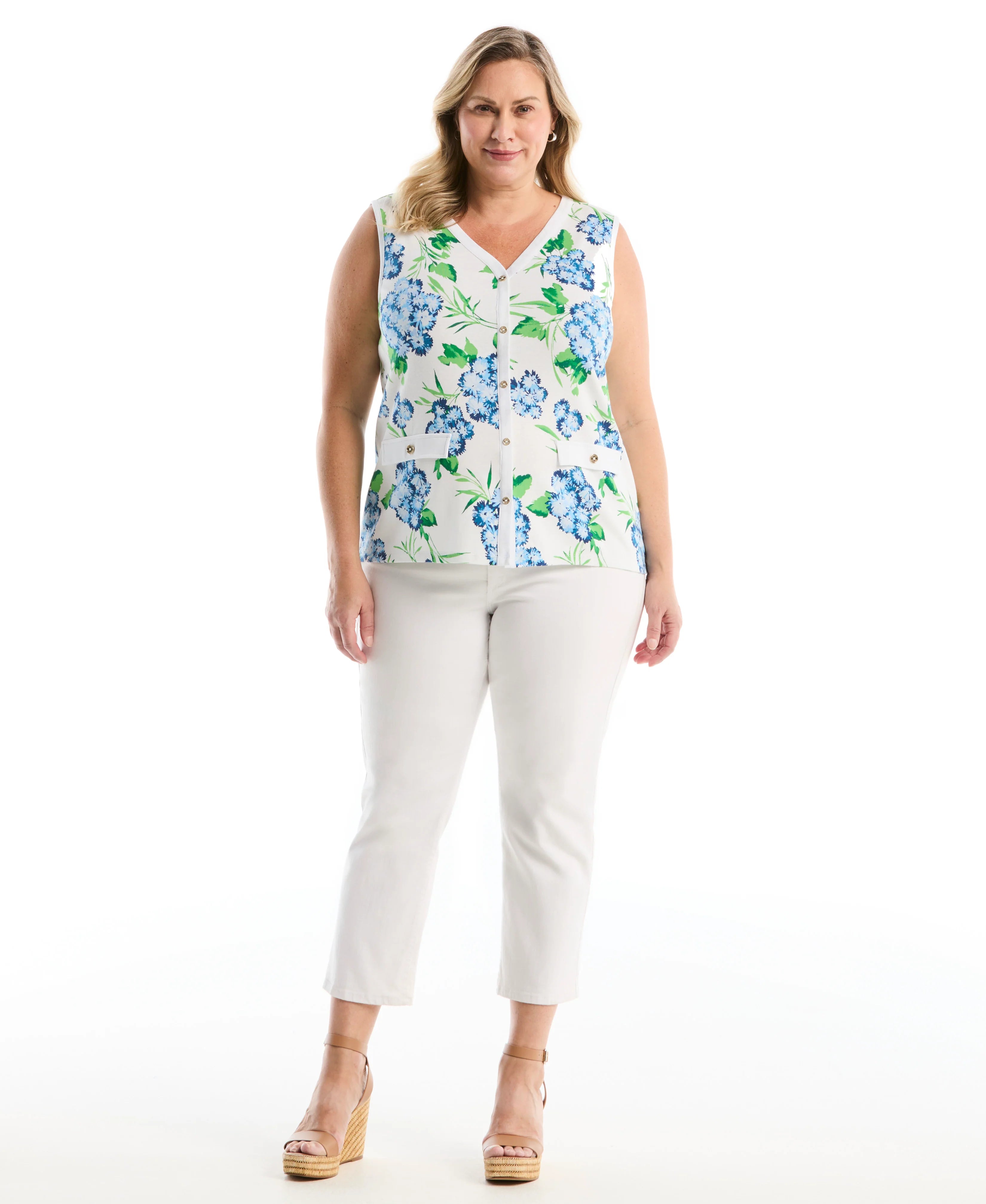 Plus Size Pom Floral Print Button Front Tank Top