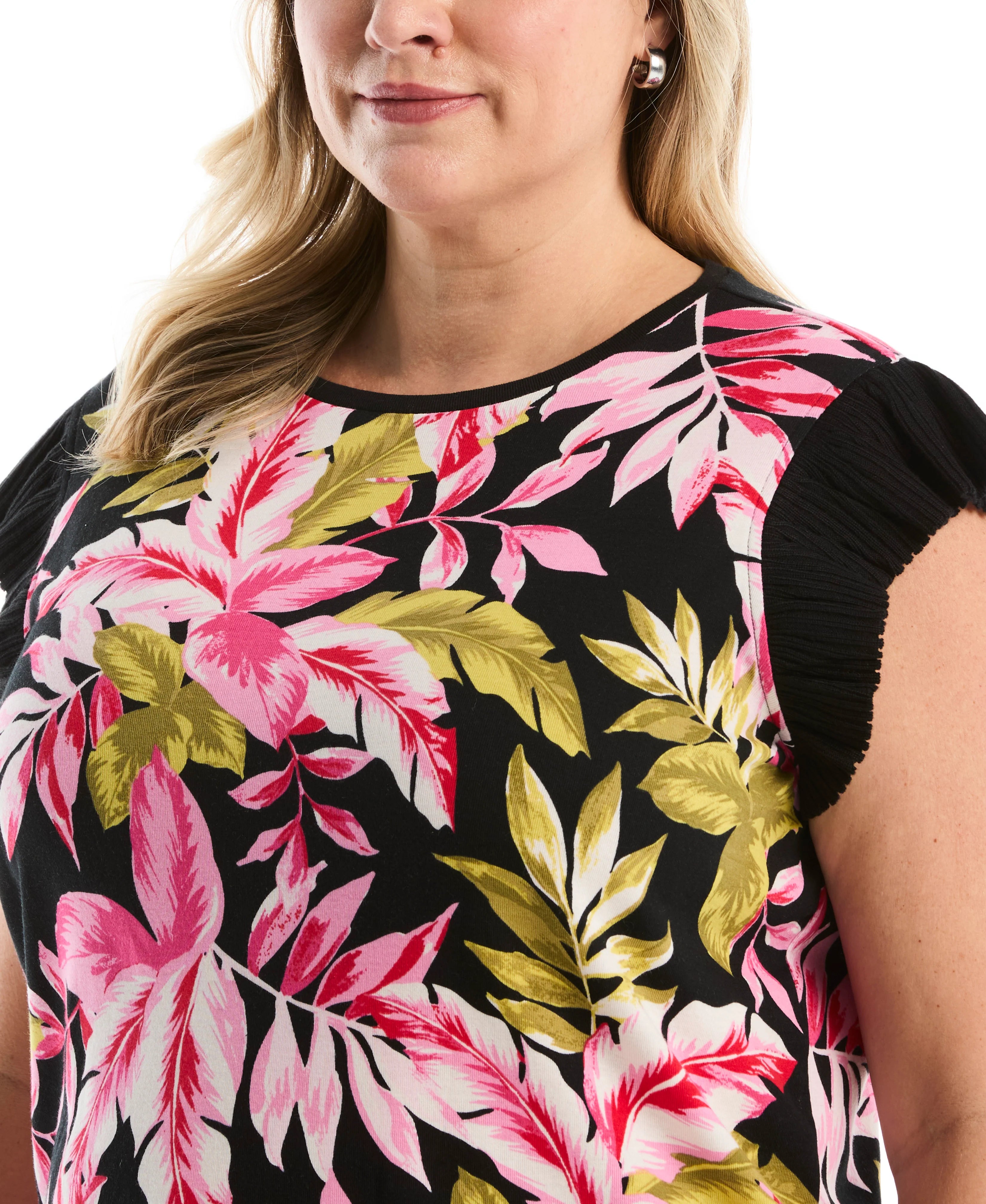 Plus Size Tropical Print Ruffle Top