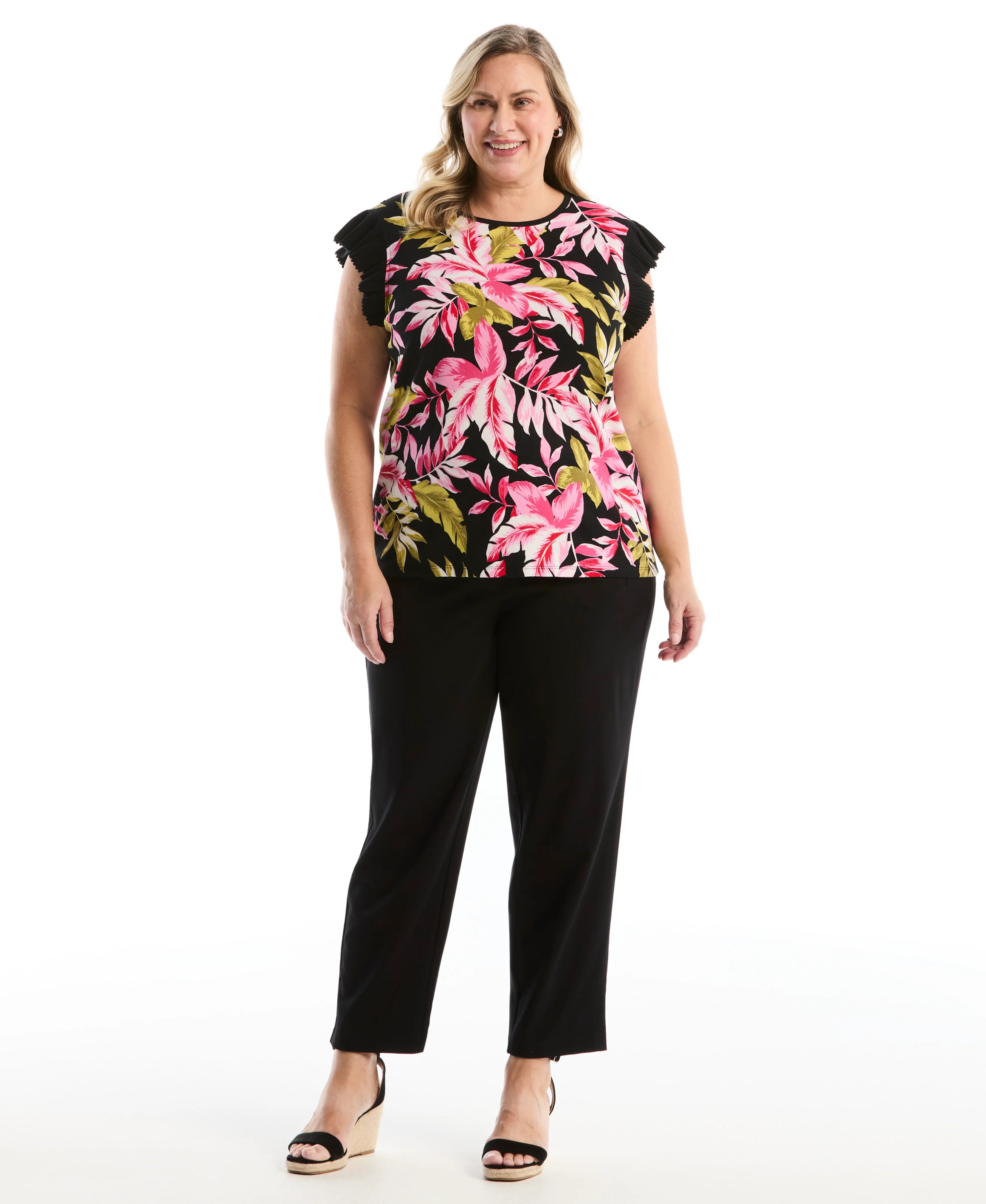 Plus Size Tropical Print Ruffle Top