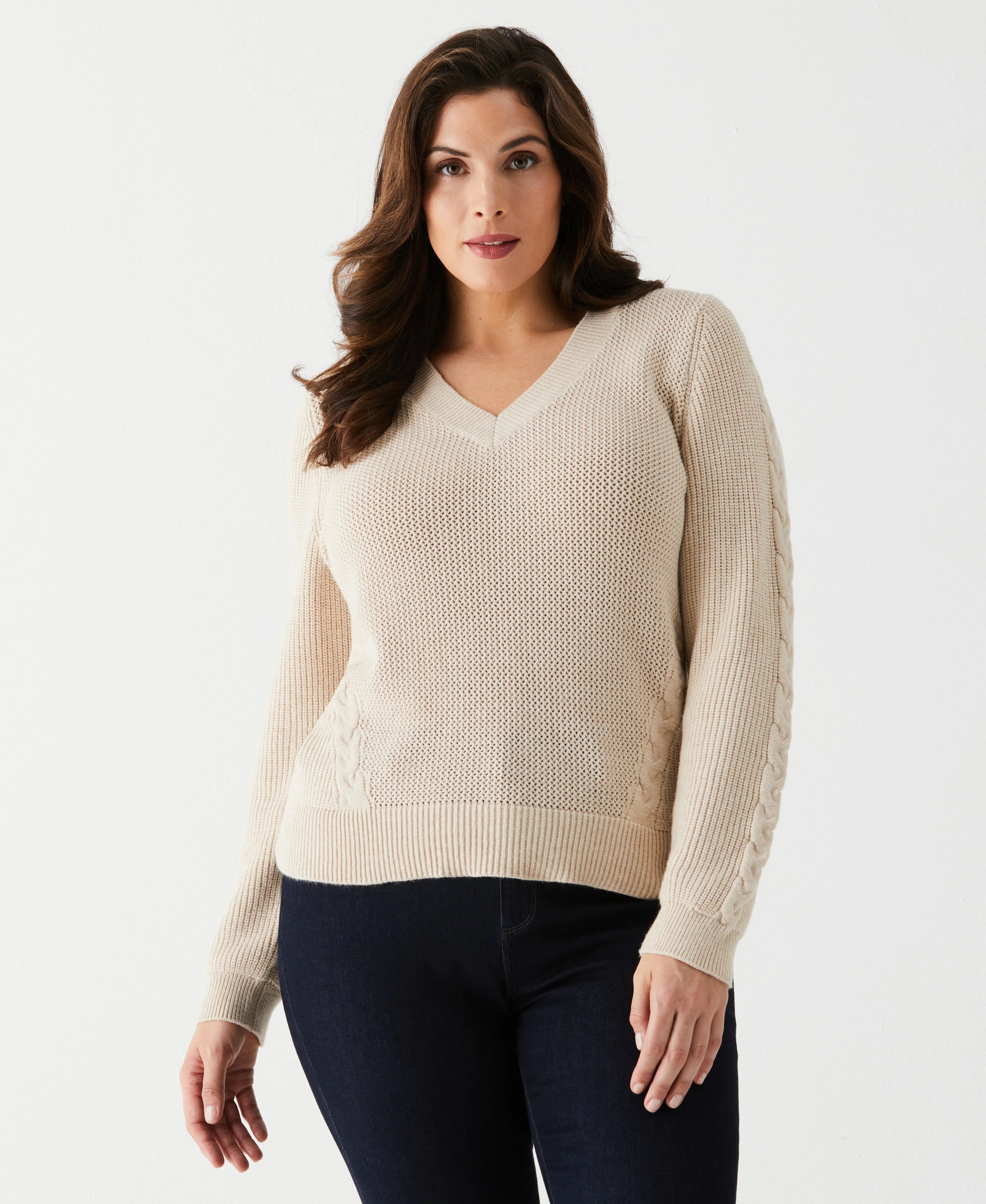 Plus Size Cable Knit V Neck Sweater