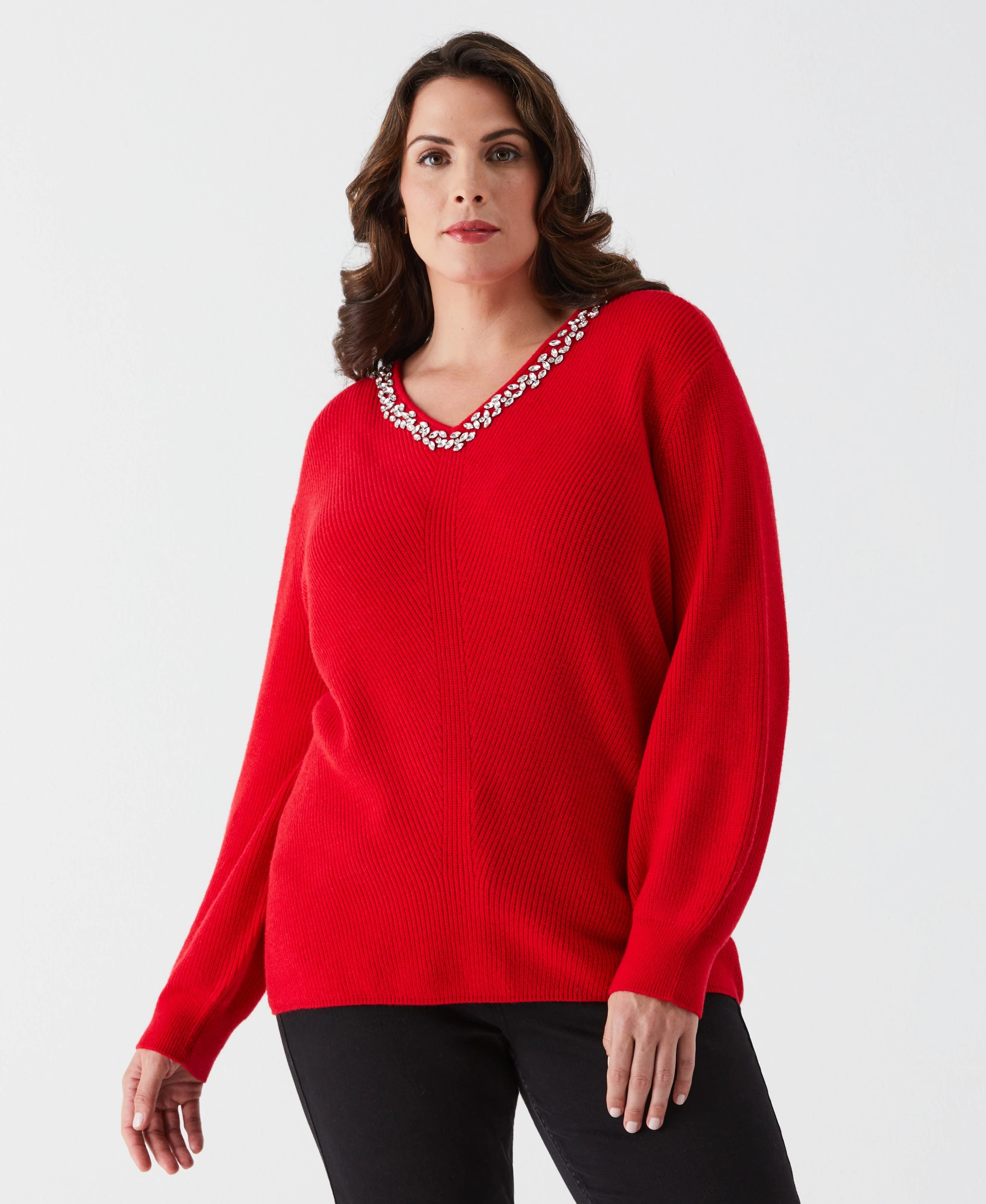 Plus Size Embellished V Neck Sweater
