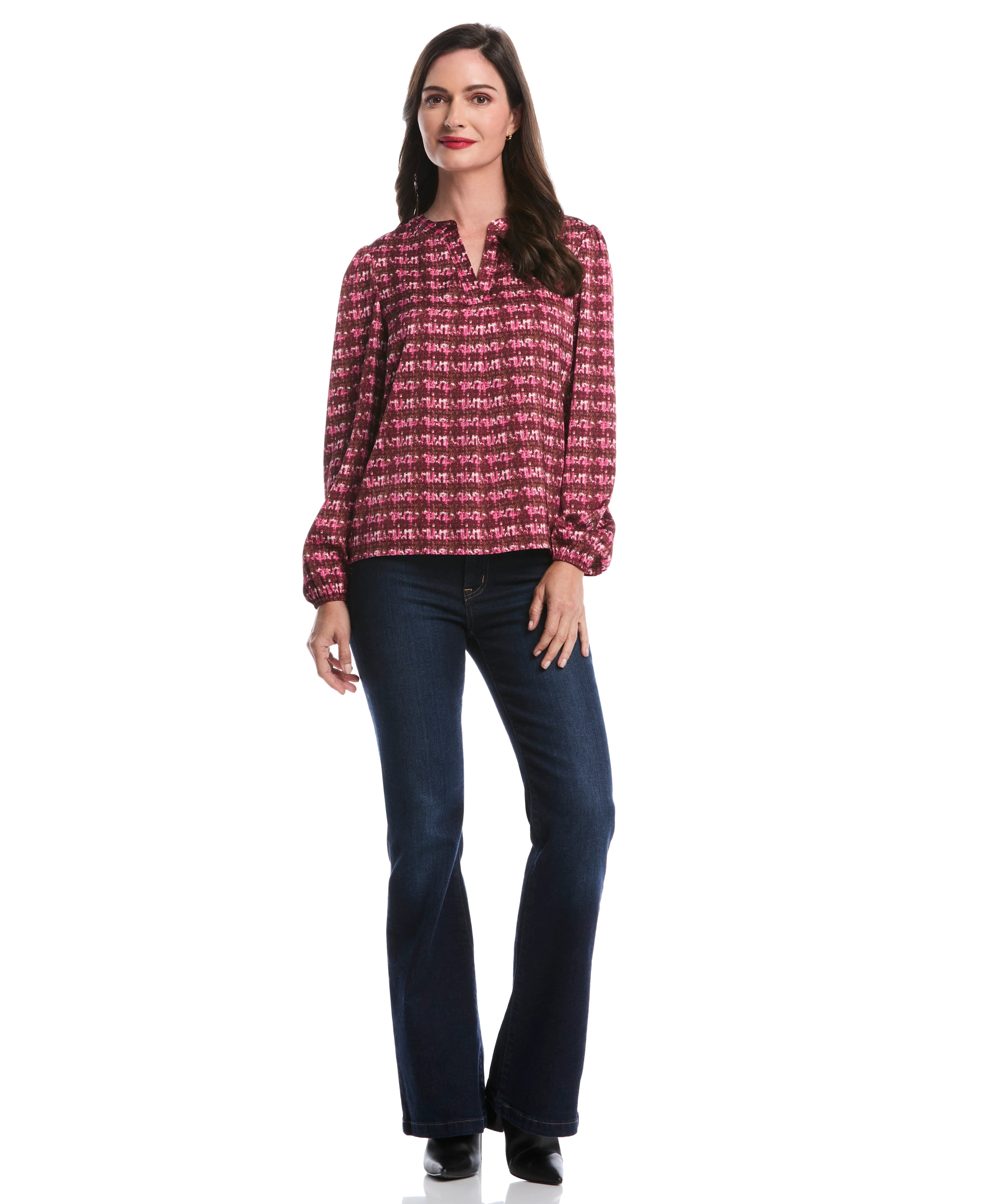 Crosshatch Print Split Neck Popover Blouse