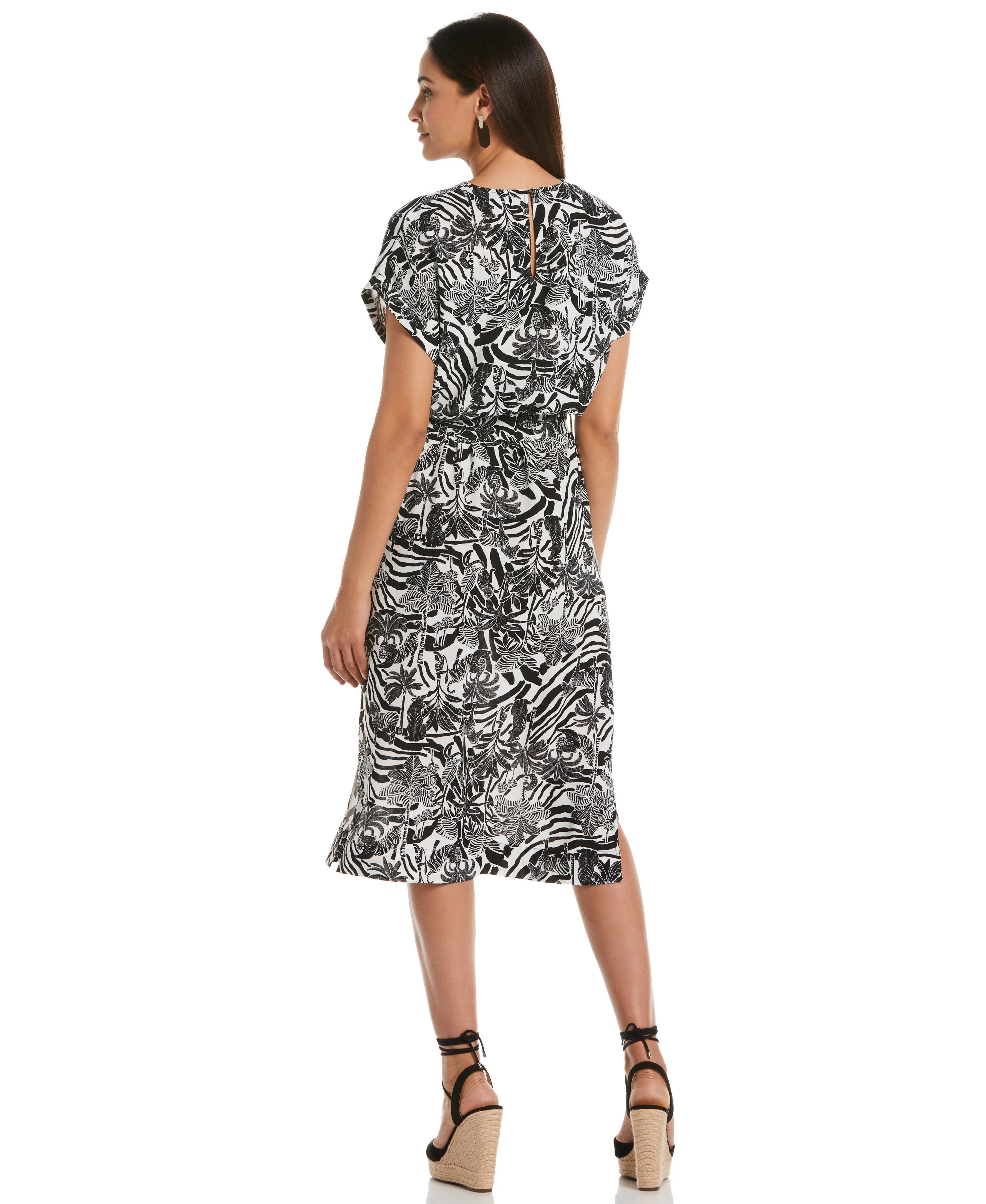 Zebra Print V neck Midi Dress with Self Fabric Tie