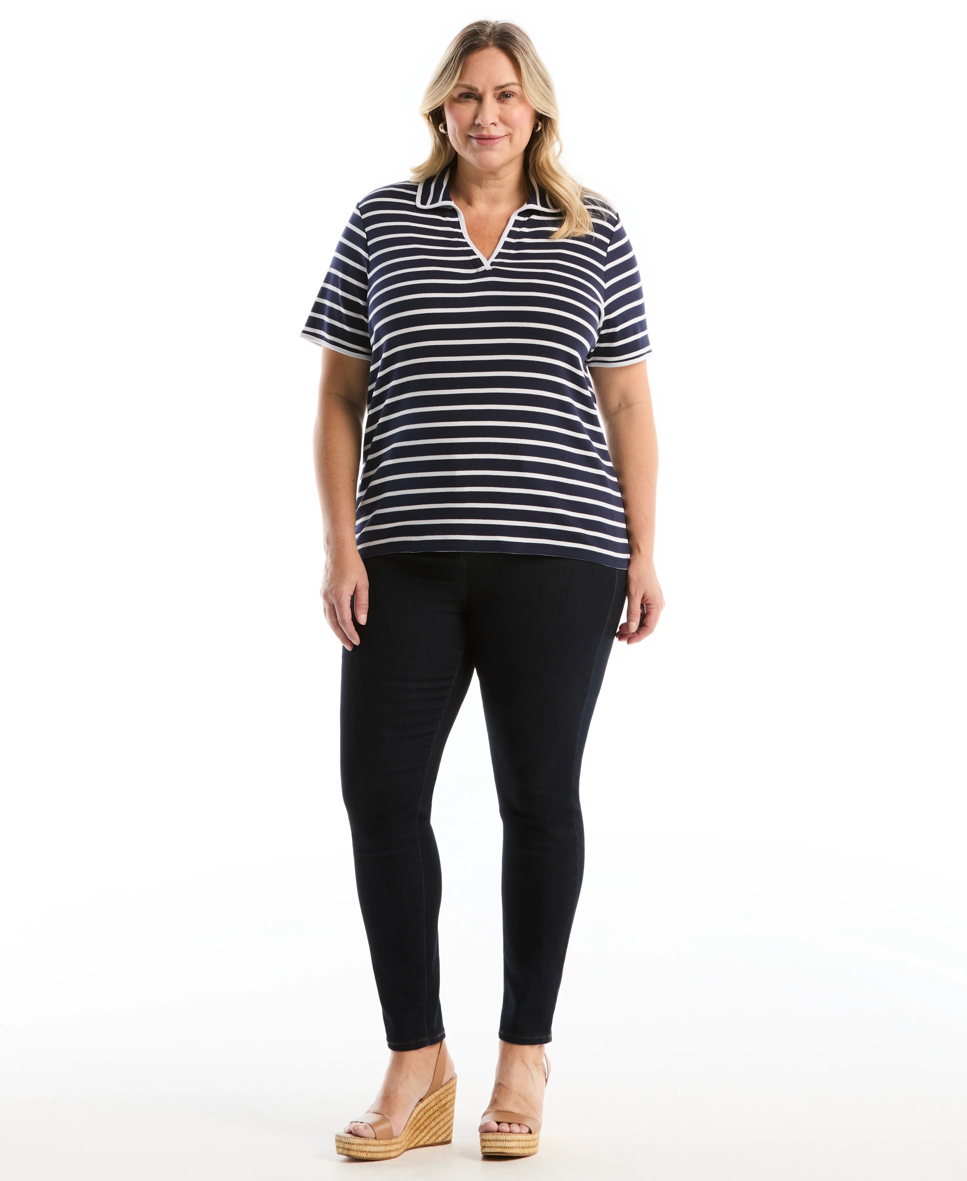 Plus Size Striped Contrast Trim Johnny Collar Polo