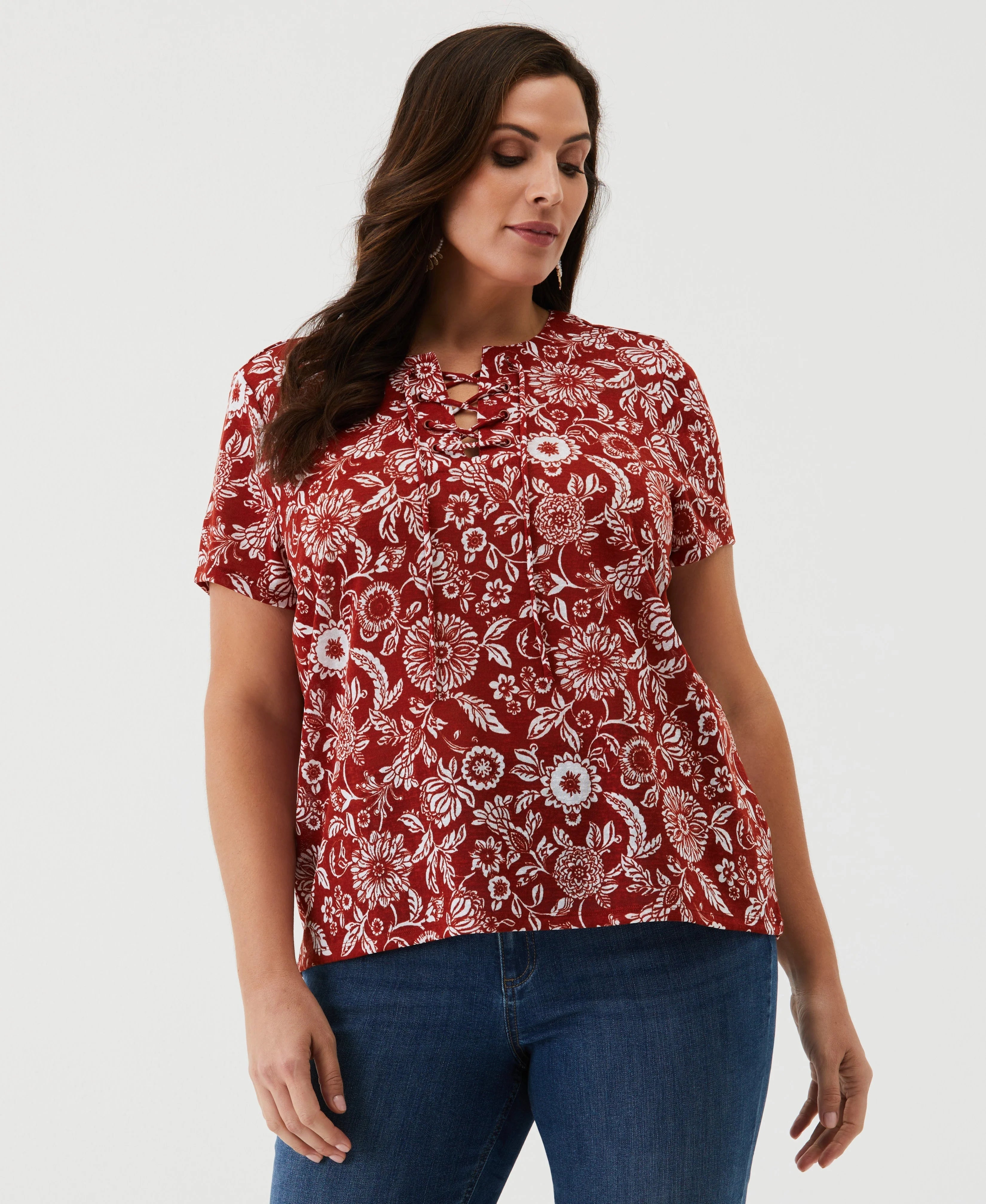 Plus Size Paisley Print Lace Up Tee