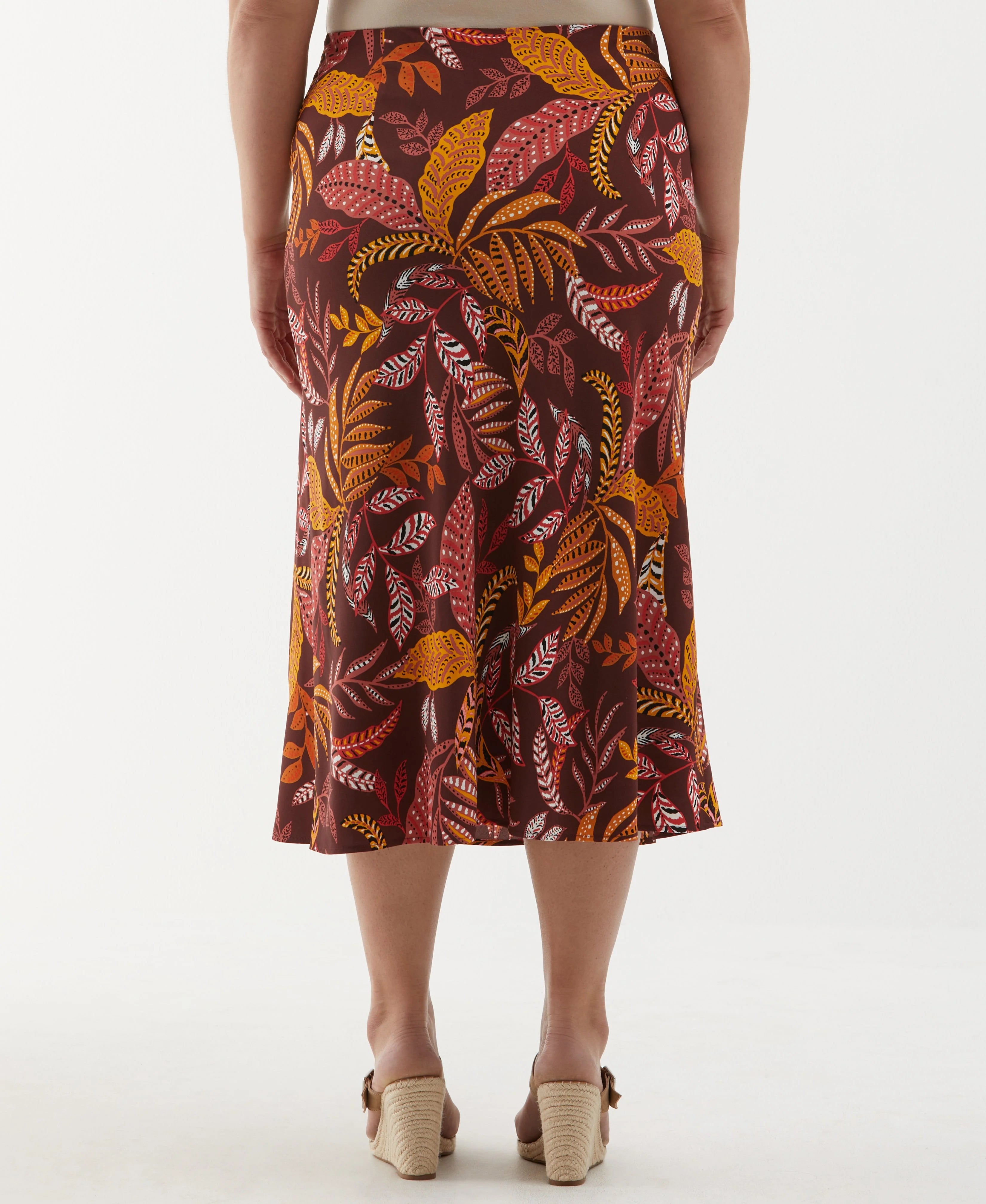 Plus Size Leaf Print Shine Midi Bias Skirt