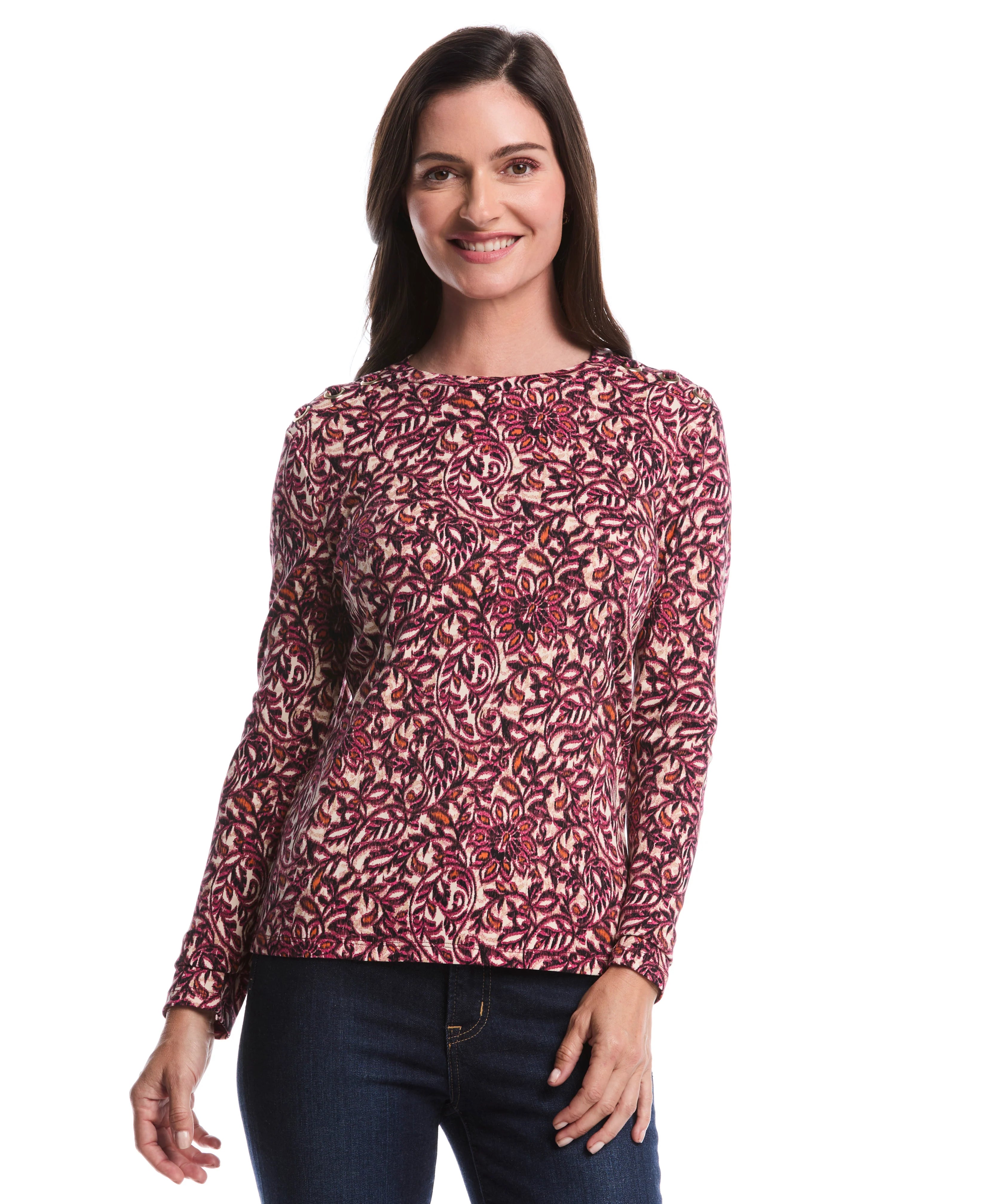 Elegant Print Laced Crew Neck Top