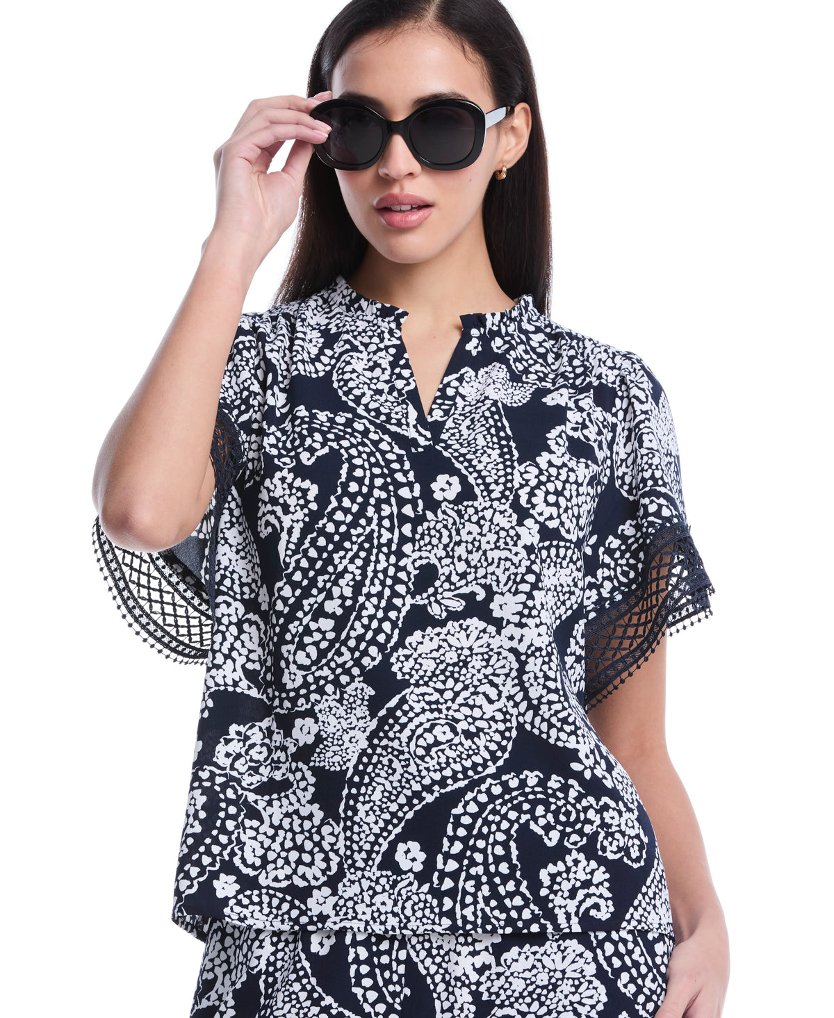 Petite Paisley Print Flutter Lace Sleeve Blouse