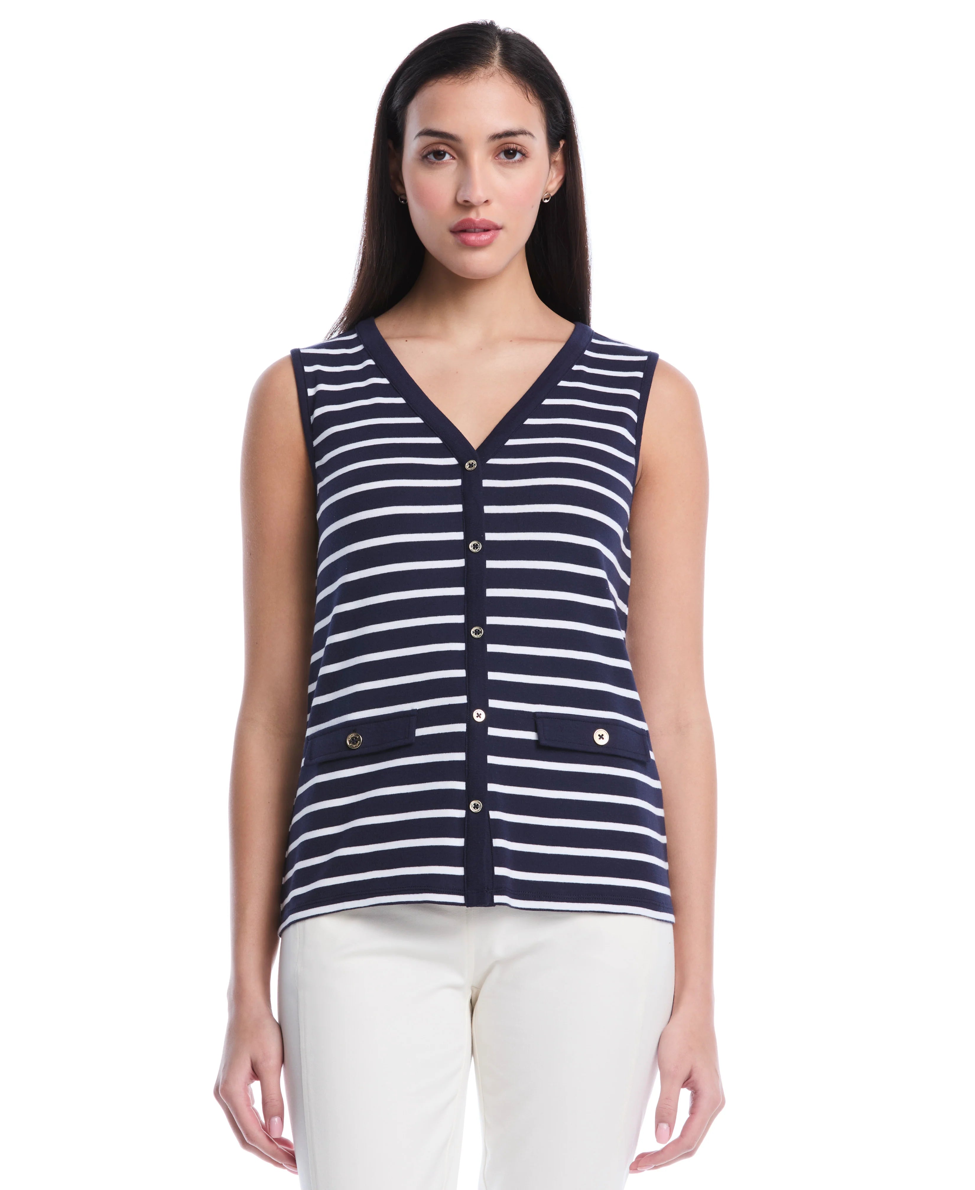 Petite Striped Button Front Tank Top