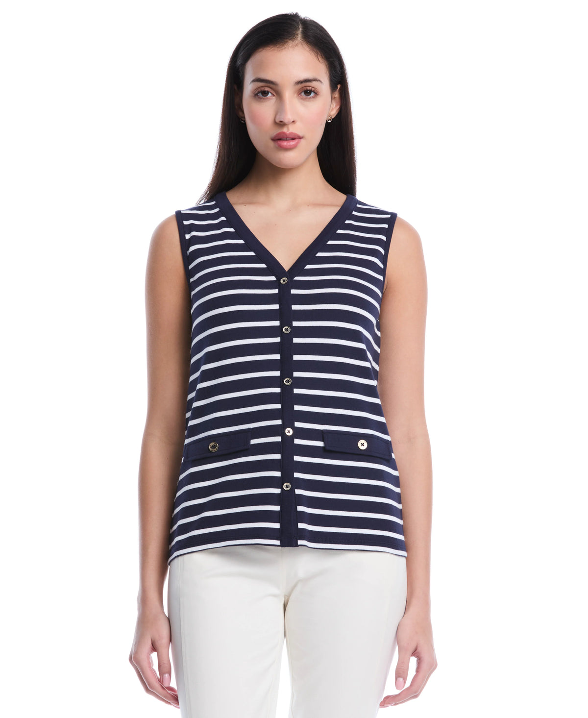 Petite Striped Button Front Tank Top