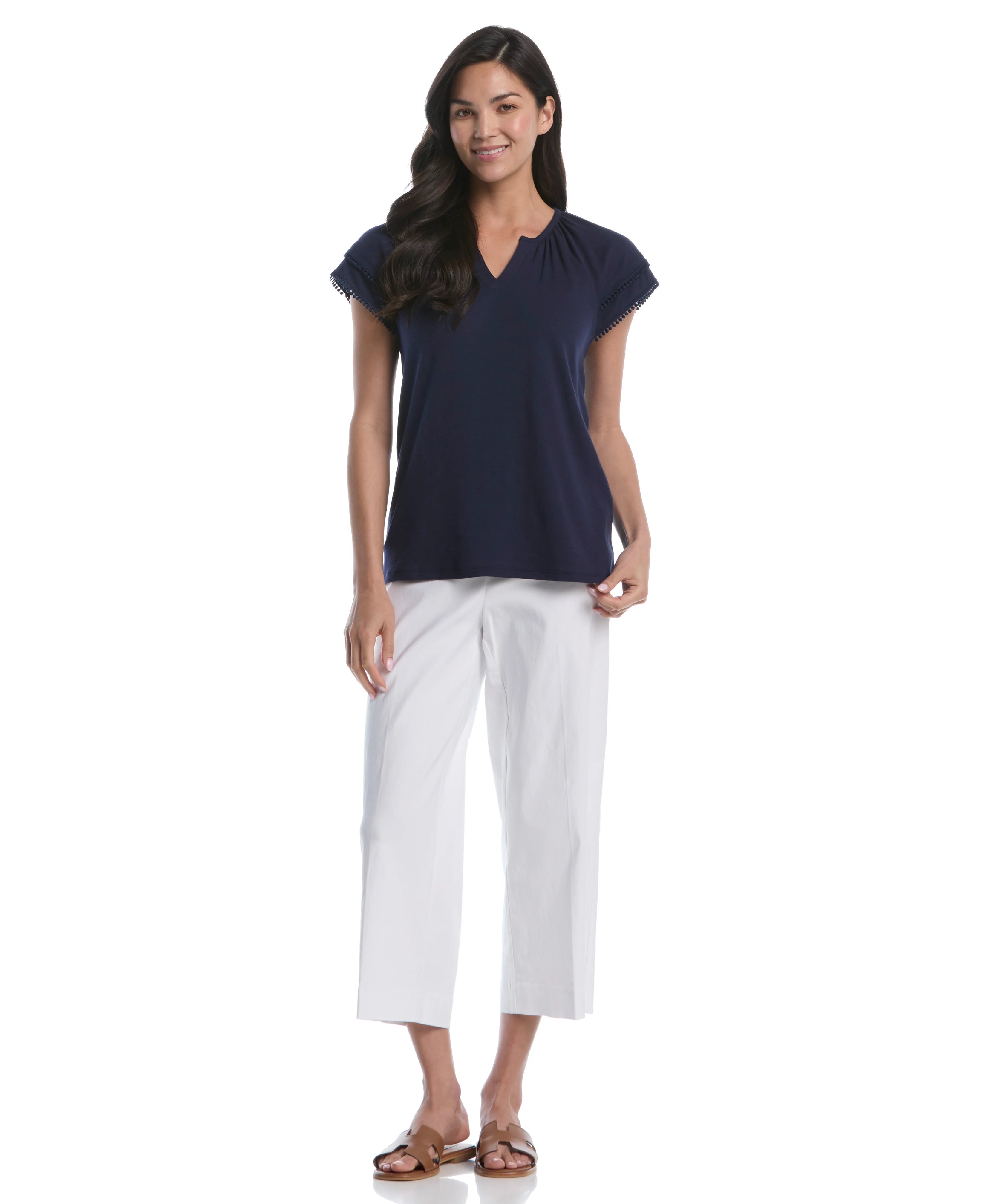 Petite Eyelet Flutter Sleeve Split Neck Top