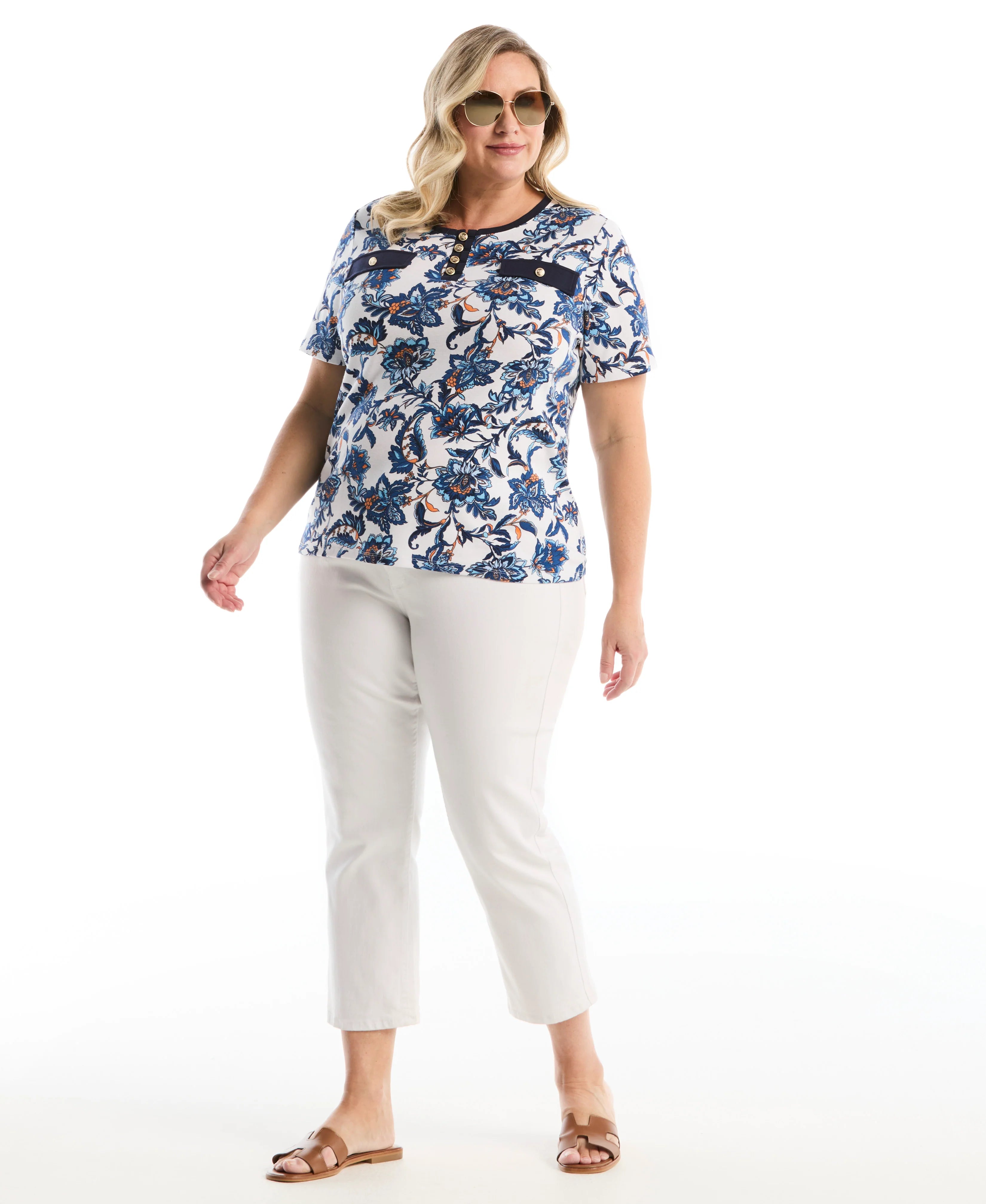 Plus Size Botanical Welt Pocket Button Detail Top