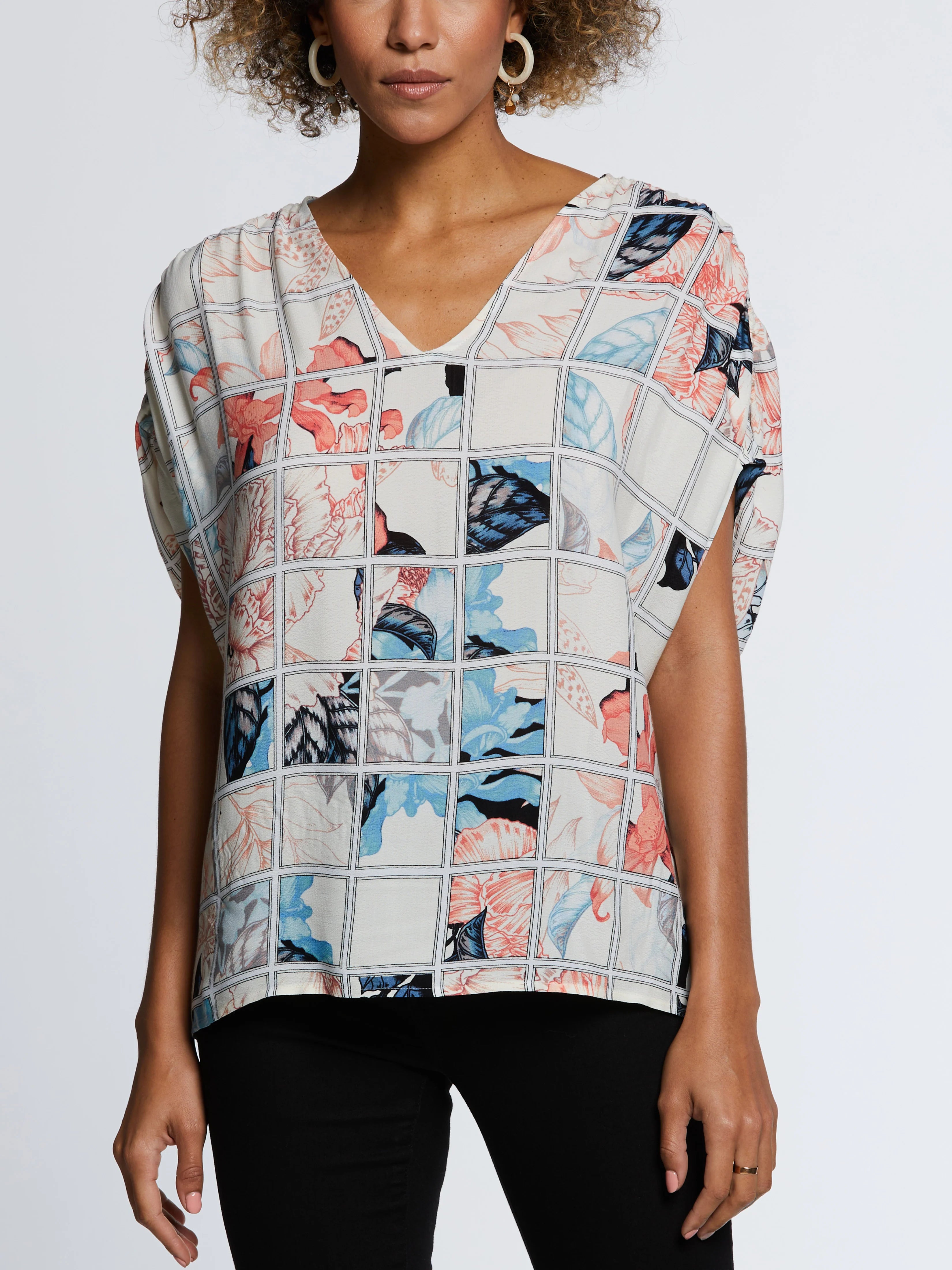Eco Fabric Ruched Tie Sleeve V Neck Top