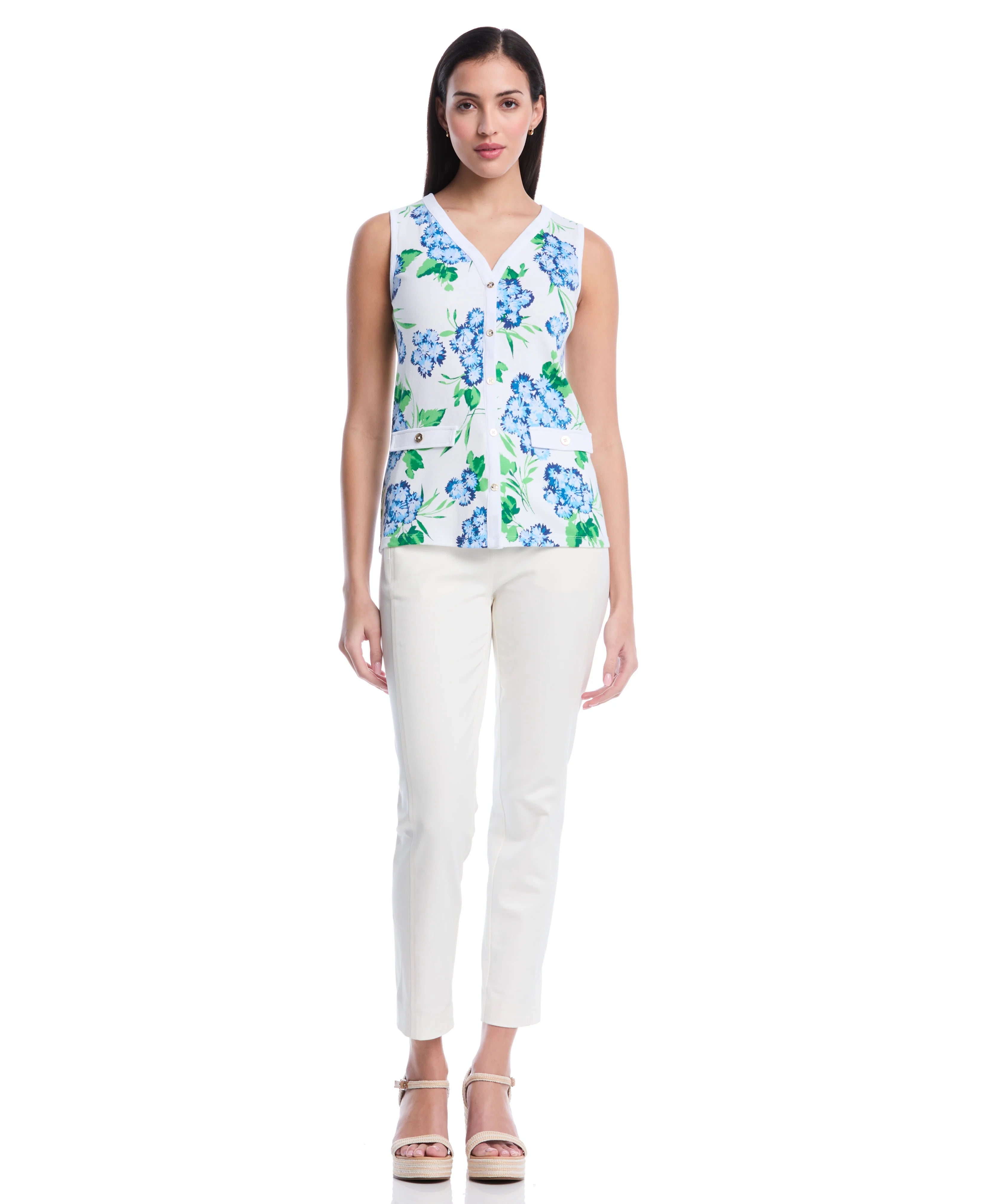 Petite Pom Floral Print Button Front Tank Top