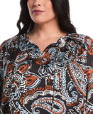 Plus Size Paisley Print Ruffle Puff Sleeve Top