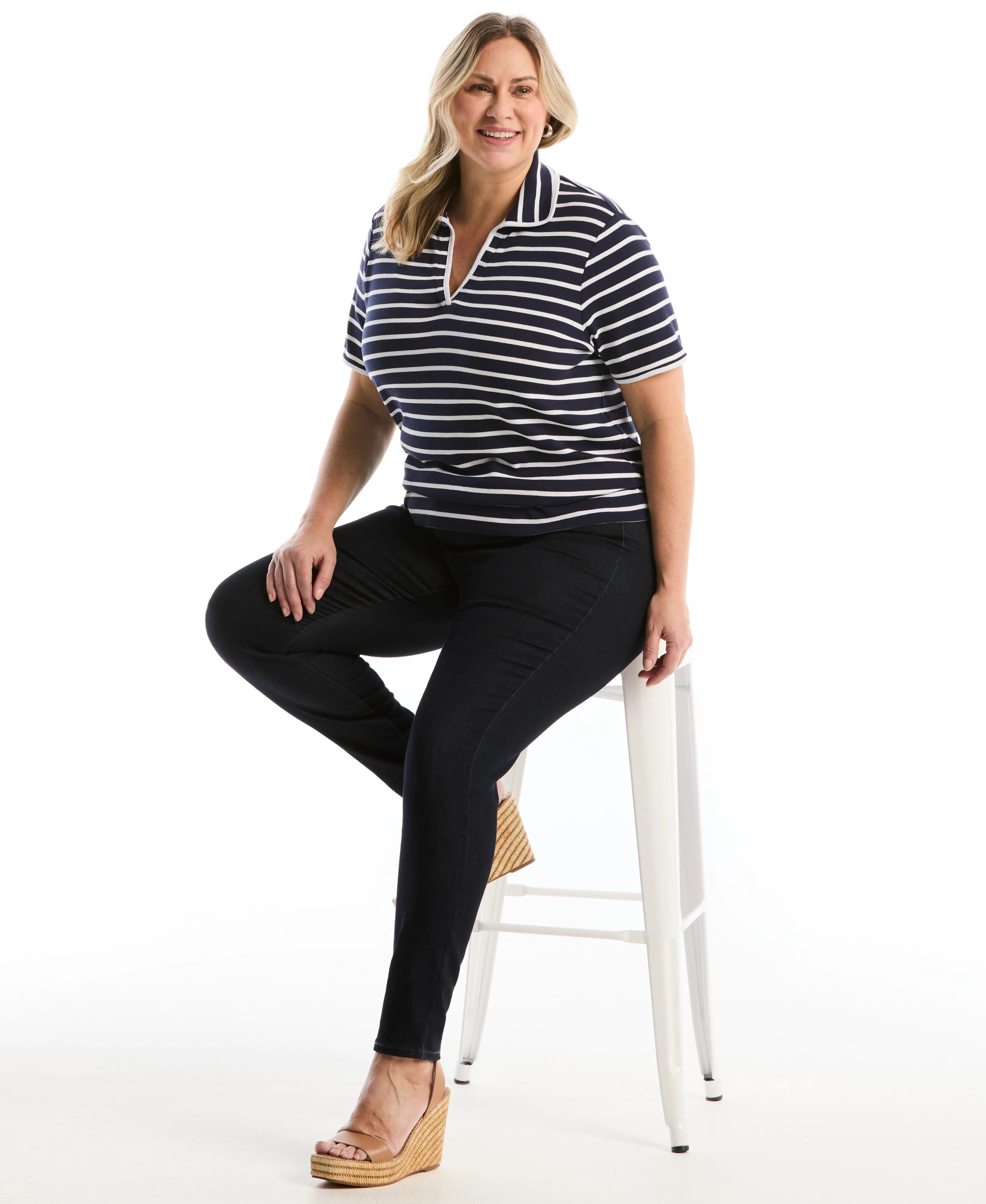 Plus Size Striped Contrast Trim Johnny Collar Polo