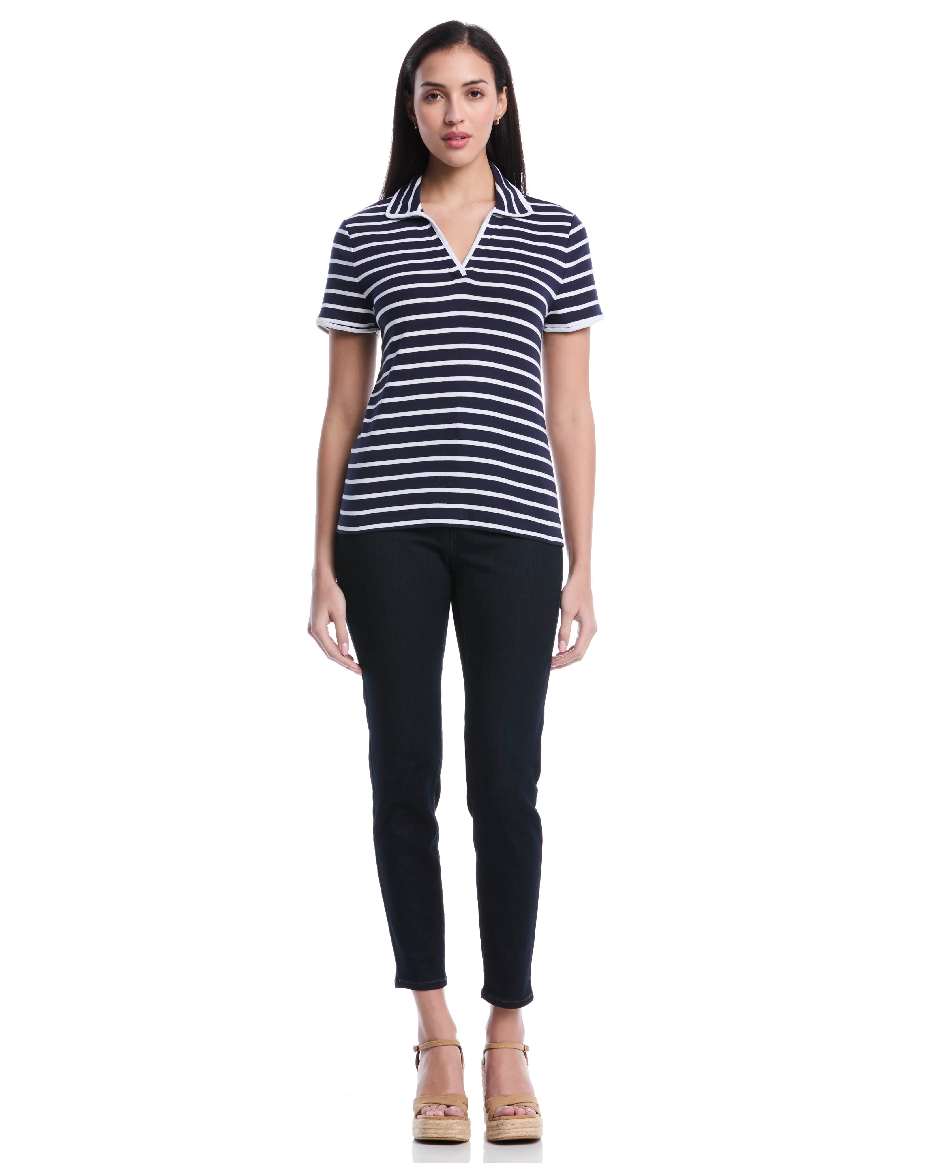 Petite Striped Contrast Trim Johnny Collar Polo