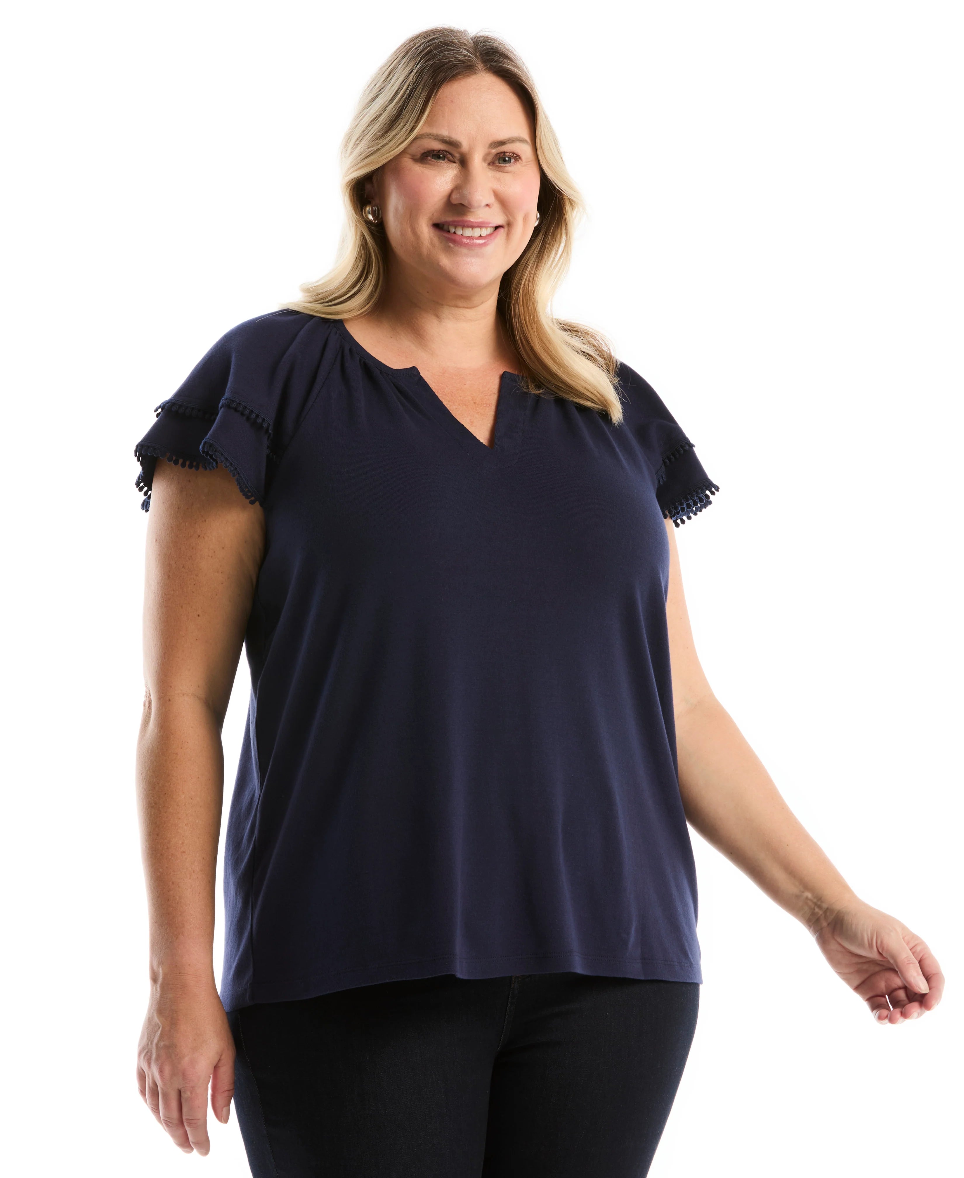 Plus Size Eyelet Flutter Sleeve Split Neck Top