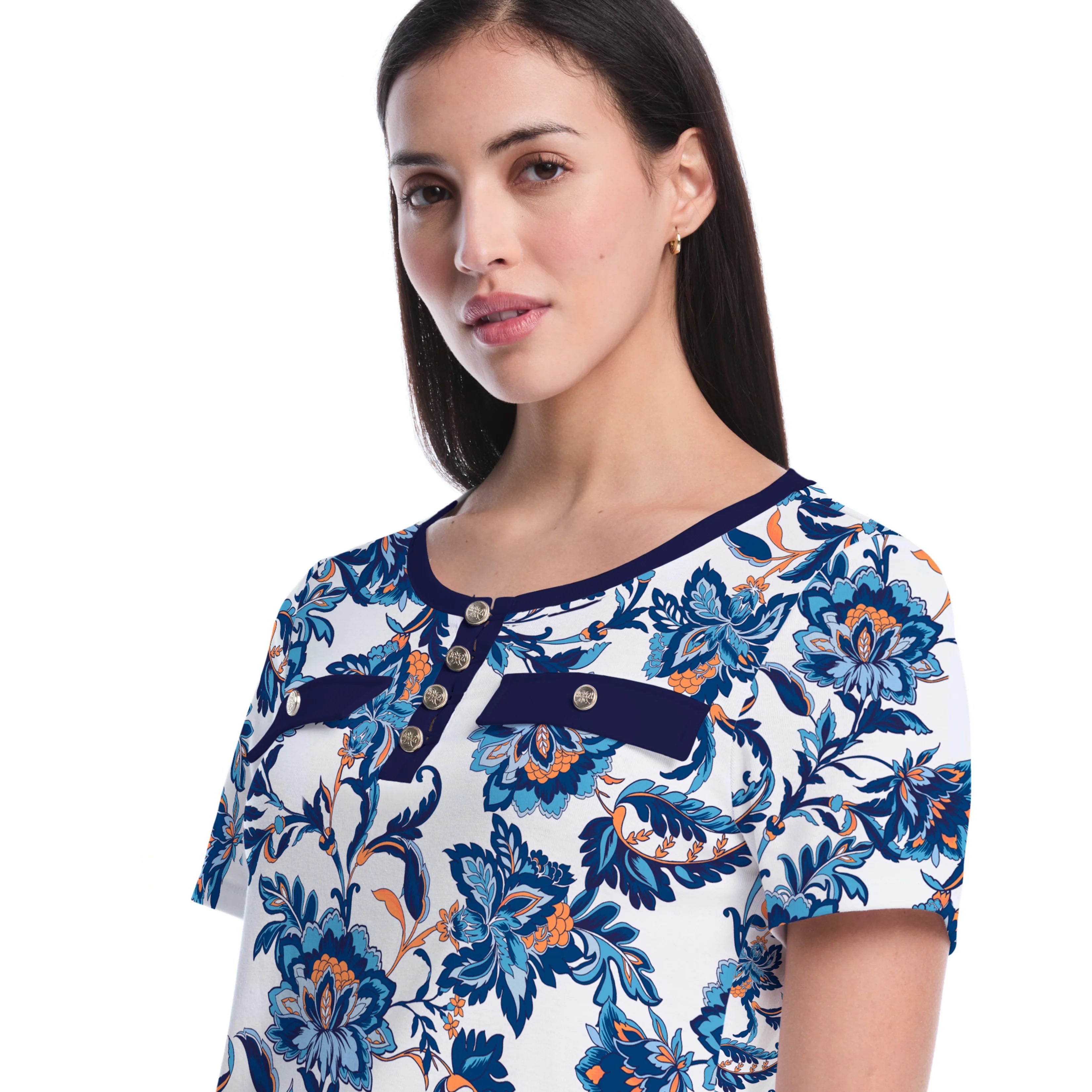Petite Botanical Welt Pocket Button Detail Top