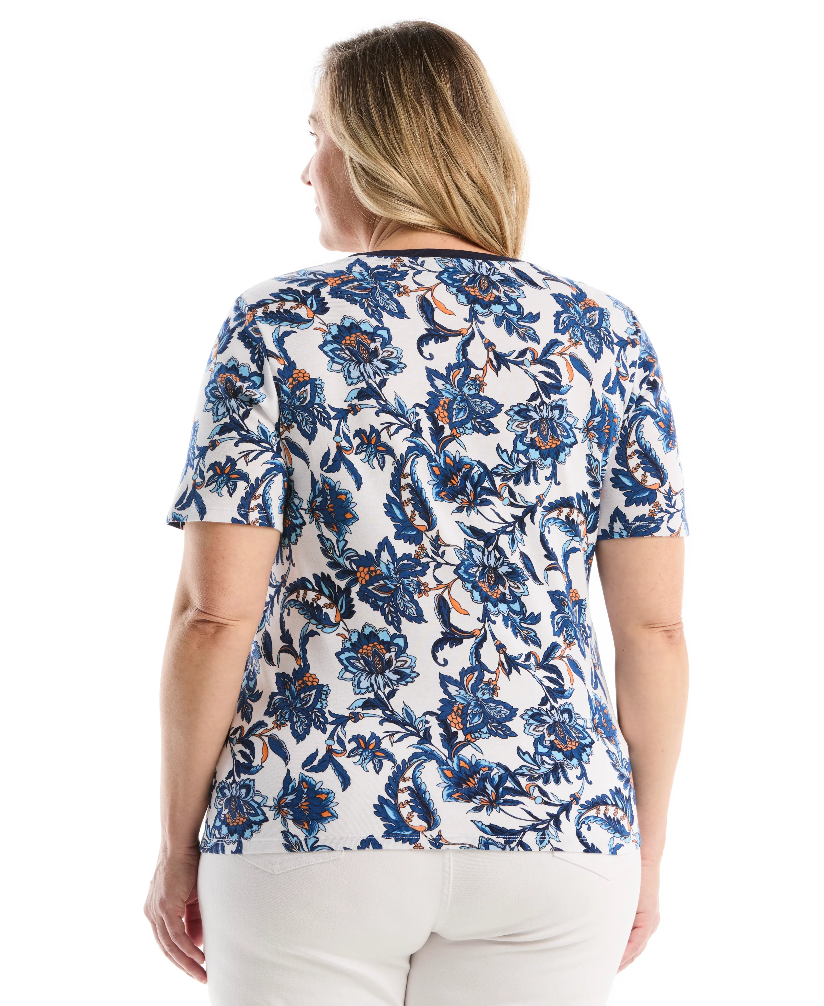Plus Size Botanical Welt Pocket Button Detail Top