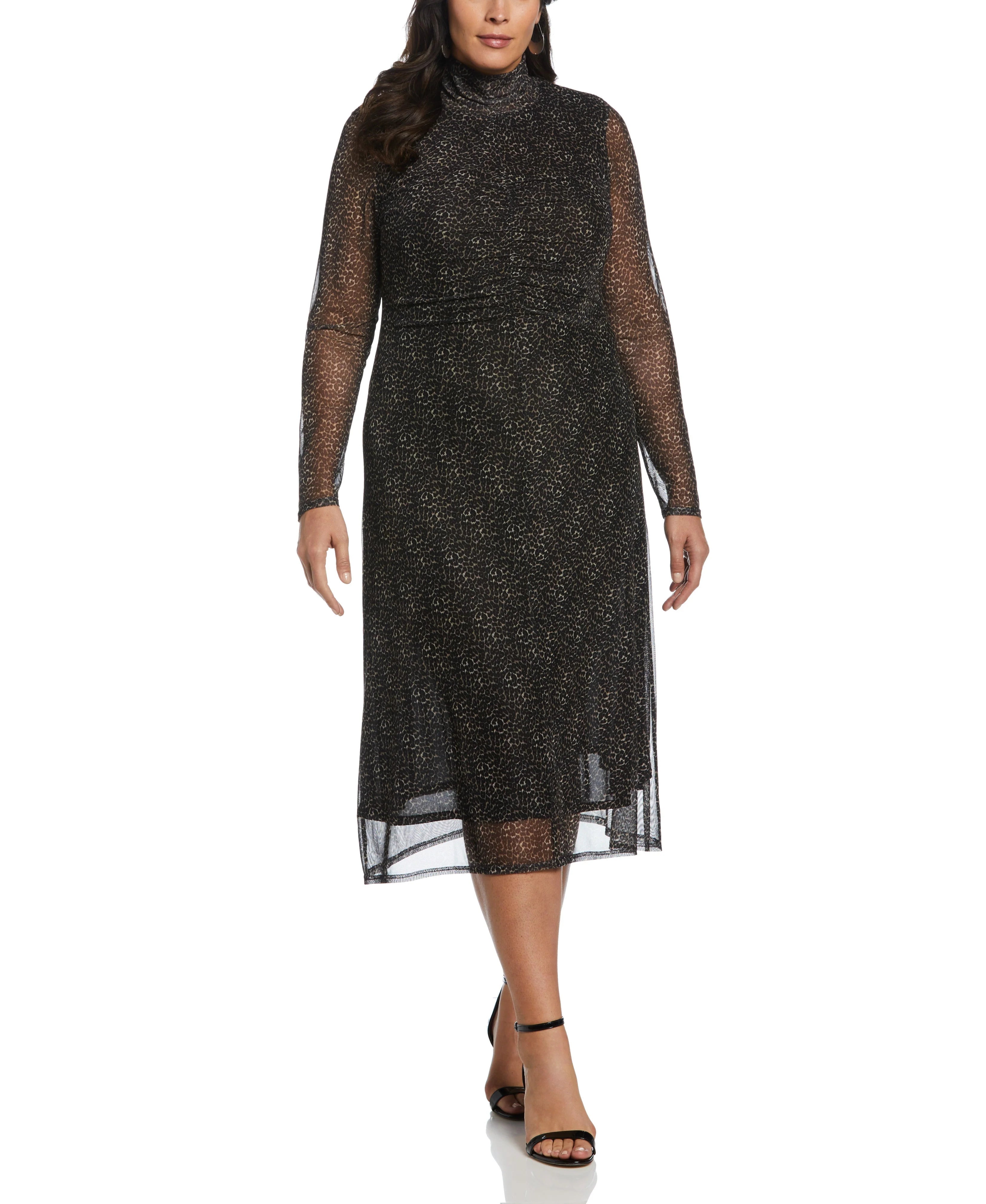 Mock Neck Mesh Midi Dress