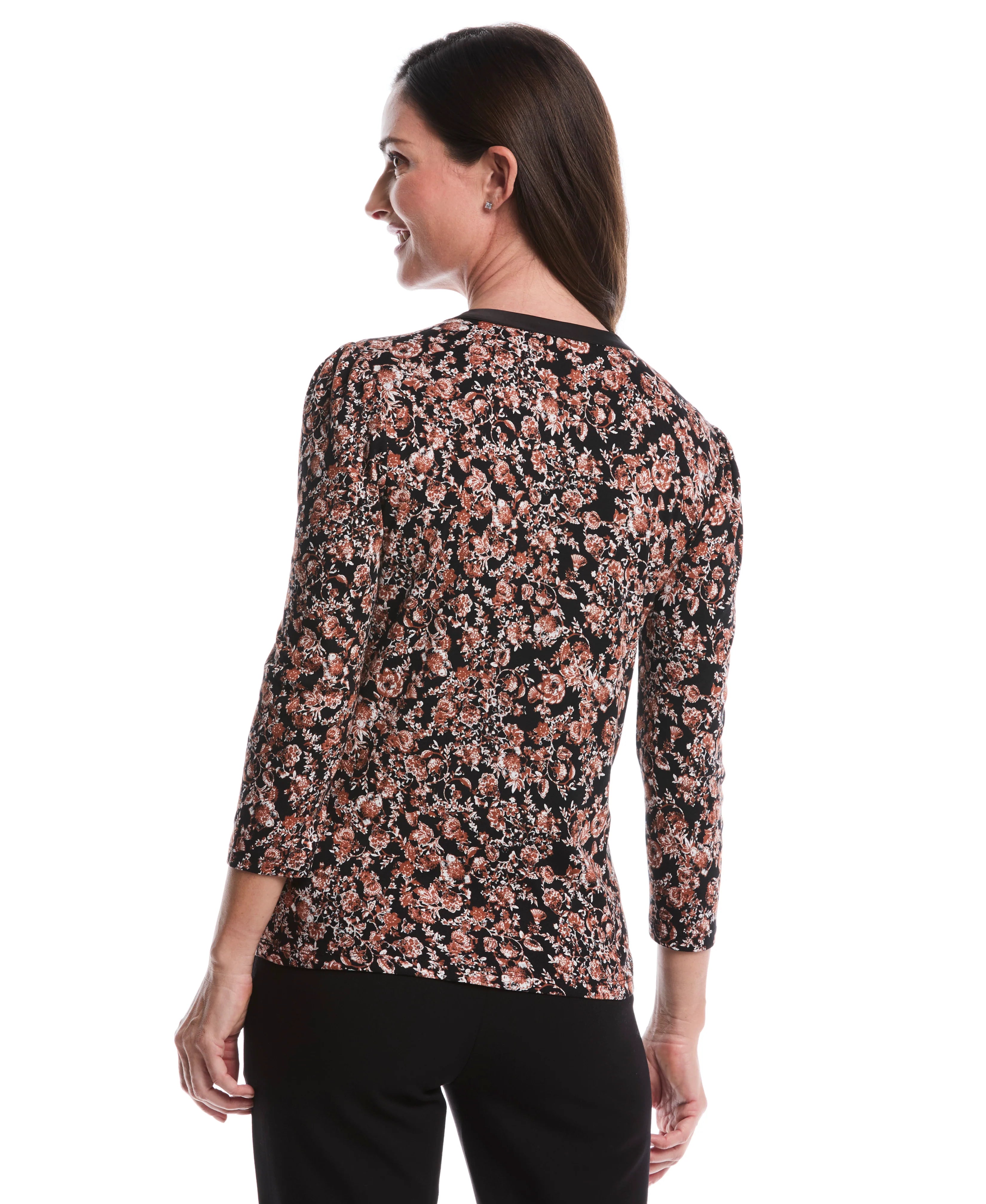 Floral Print 3 4 Puff Sleeve V Neck Top