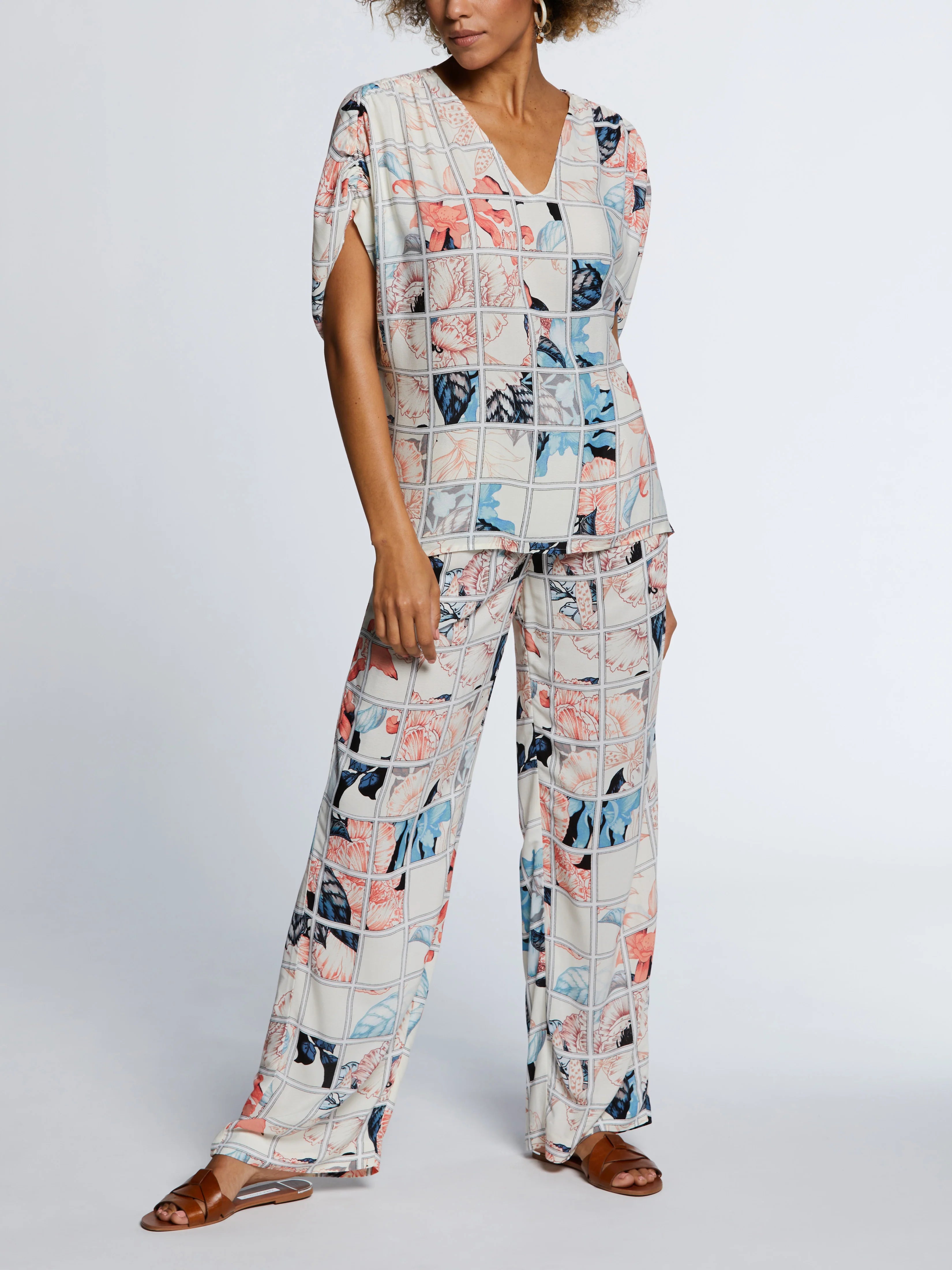 Eco Fabric Ruched Tie Sleeve V Neck Top