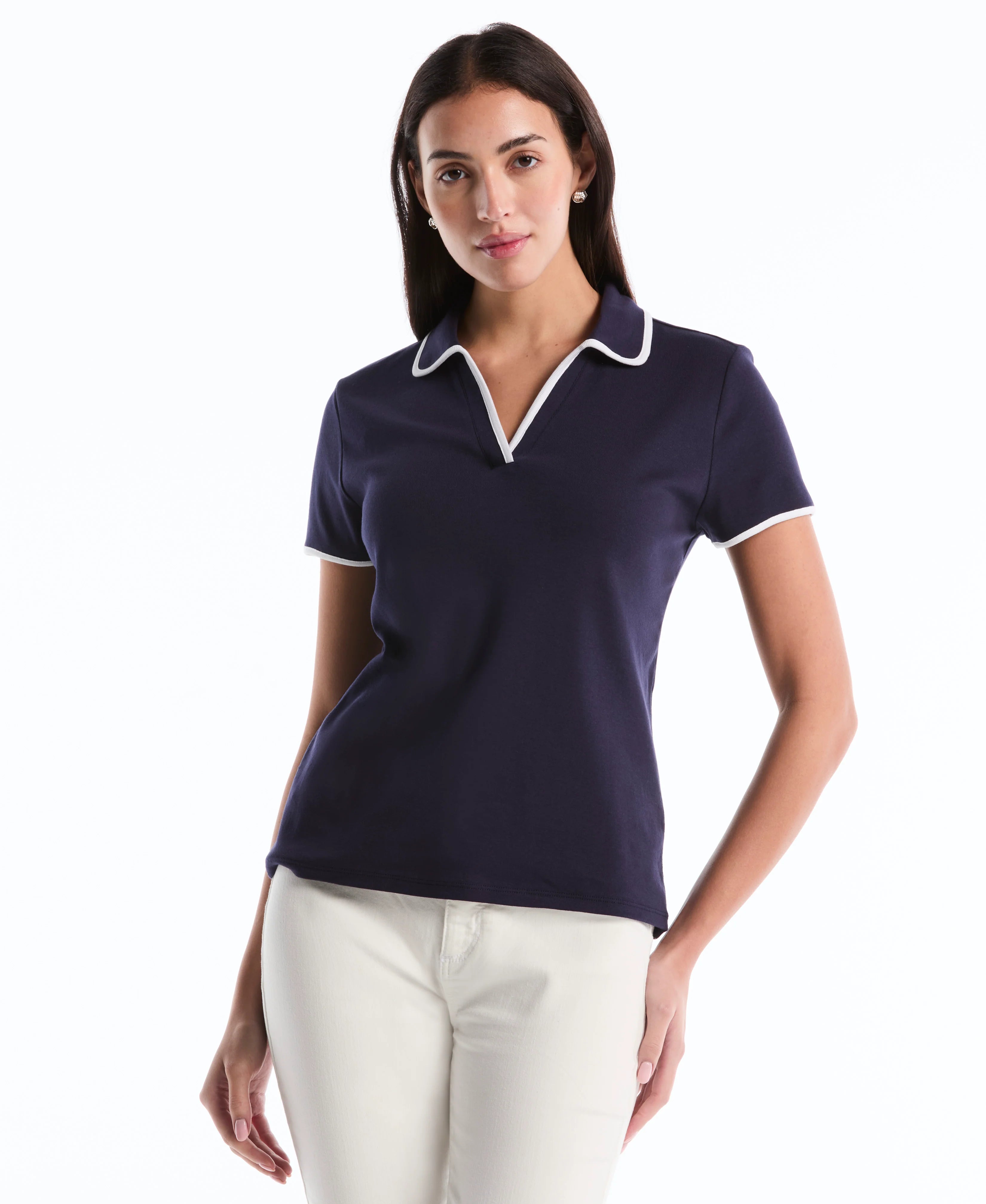Petite Contrast Trim Johnny Collar Polo