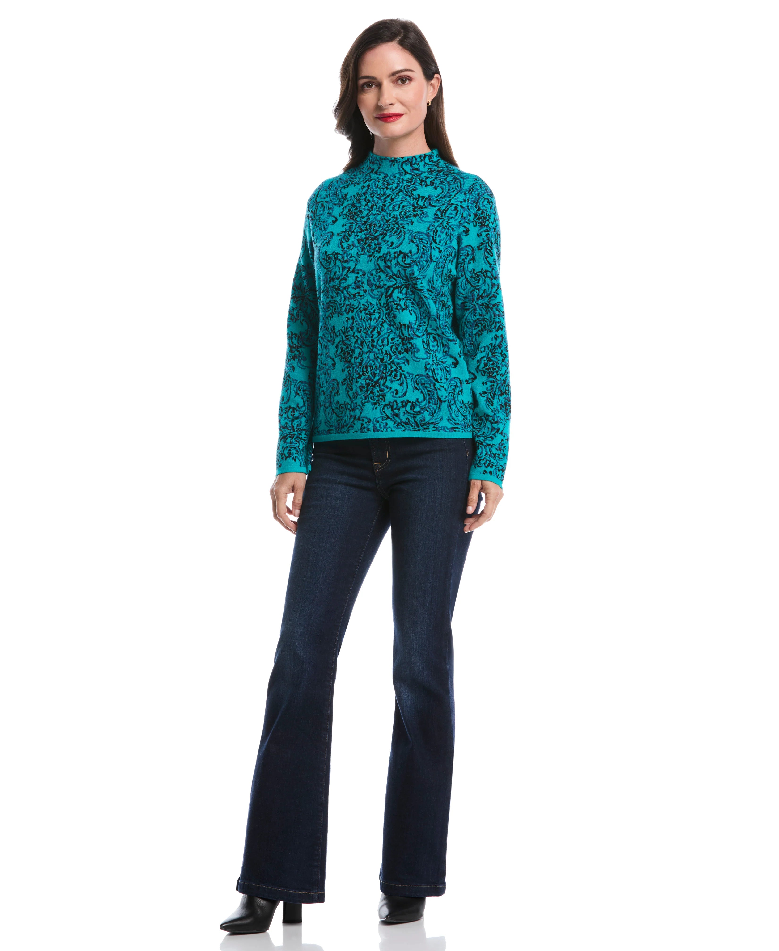 Floral Paisley Print Mock Neck Sweater