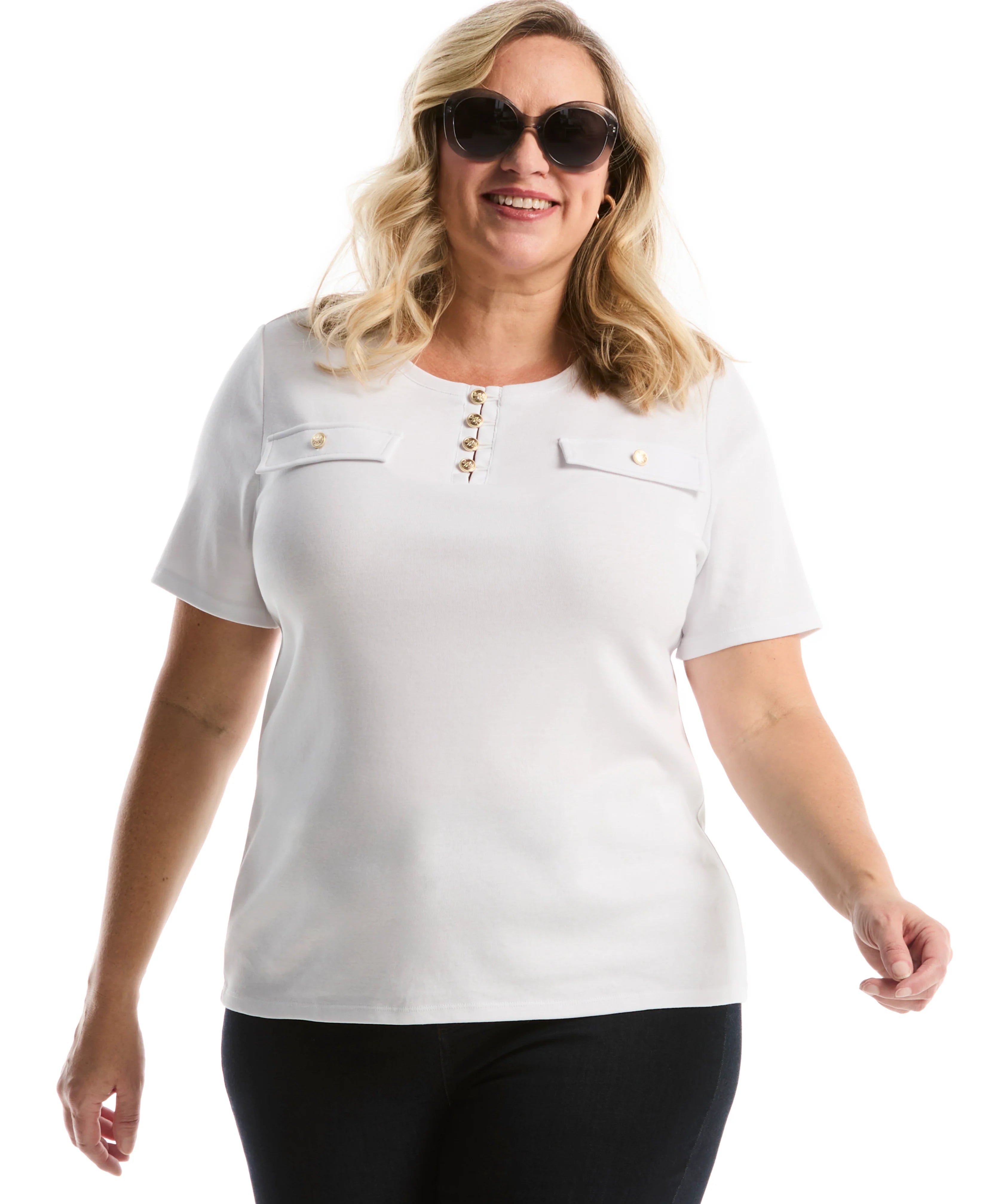 Plus Size Welt Pocket Button Detail Top