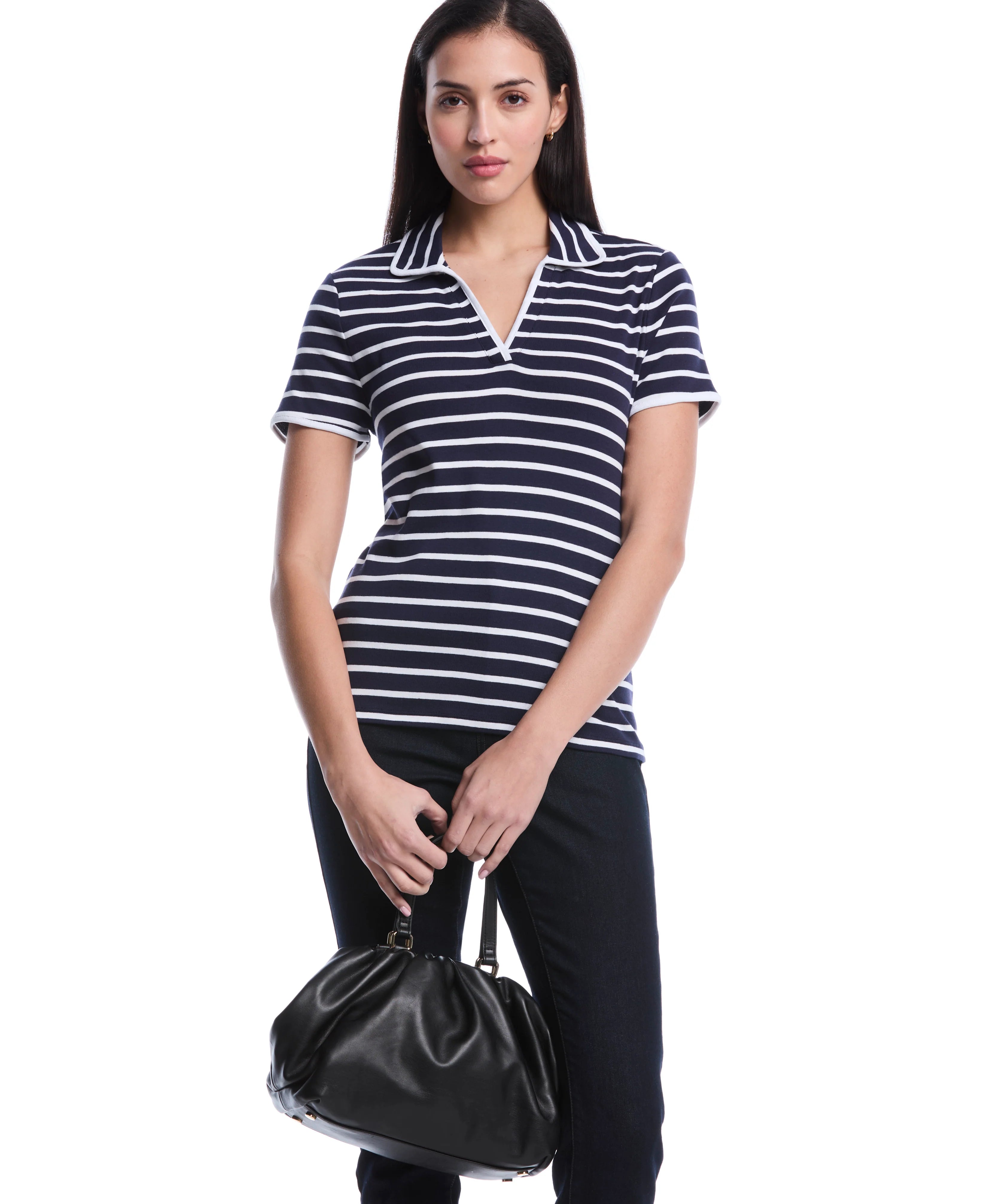 Petite Striped Contrast Trim Johnny Collar Polo