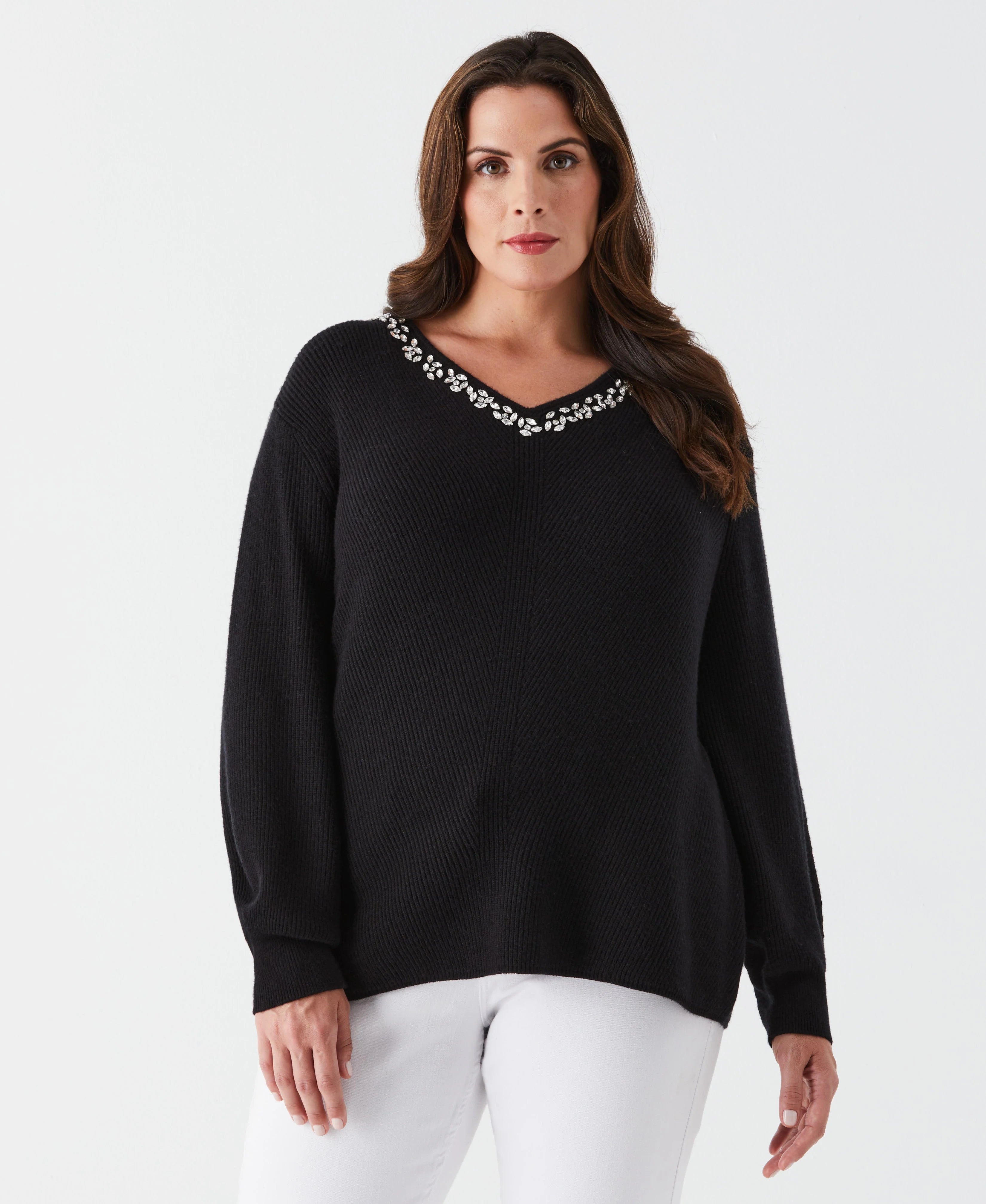 Plus Size Embellished V Neck Sweater