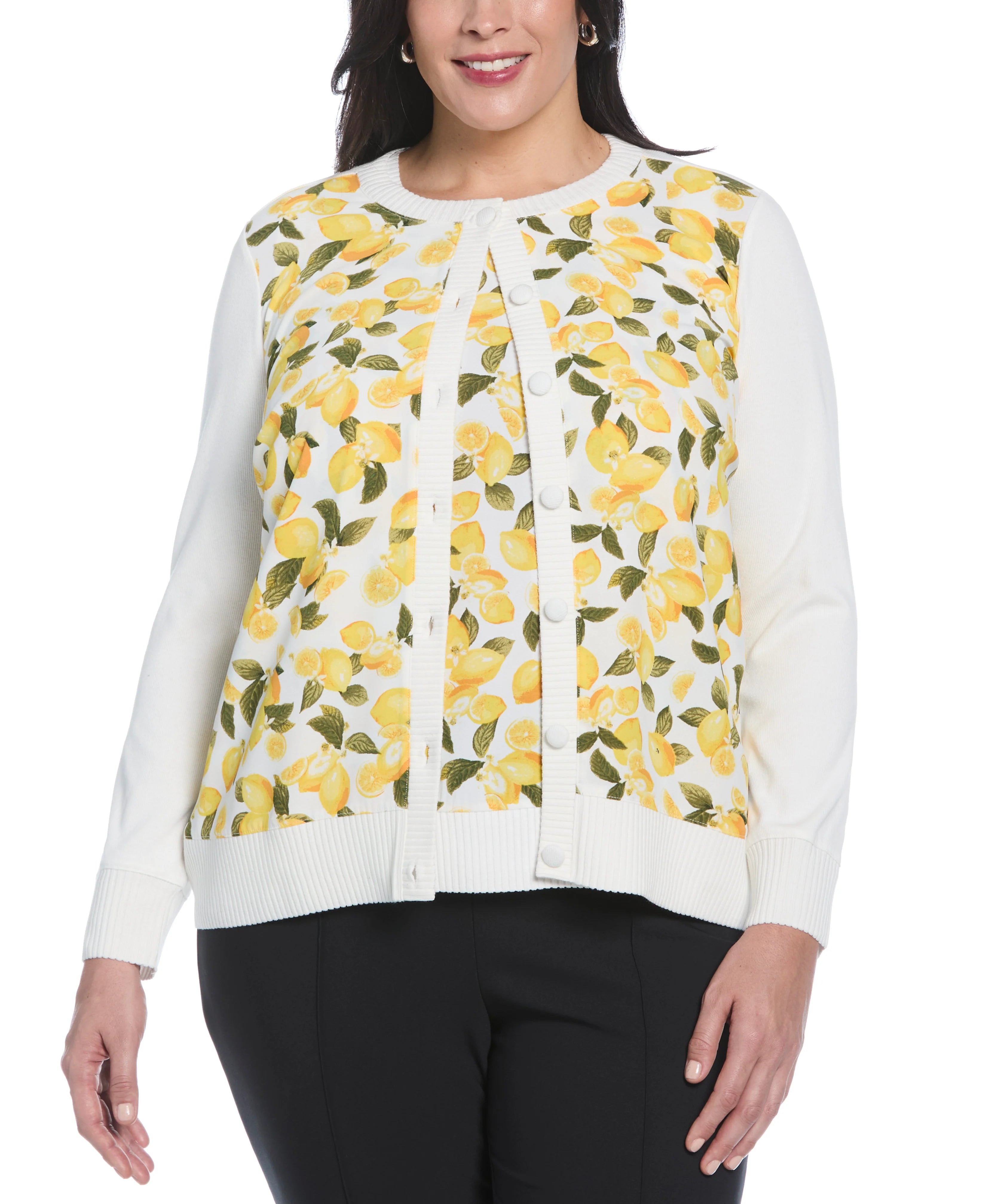 Plus Size Lemon Print Woven Front Cardigan