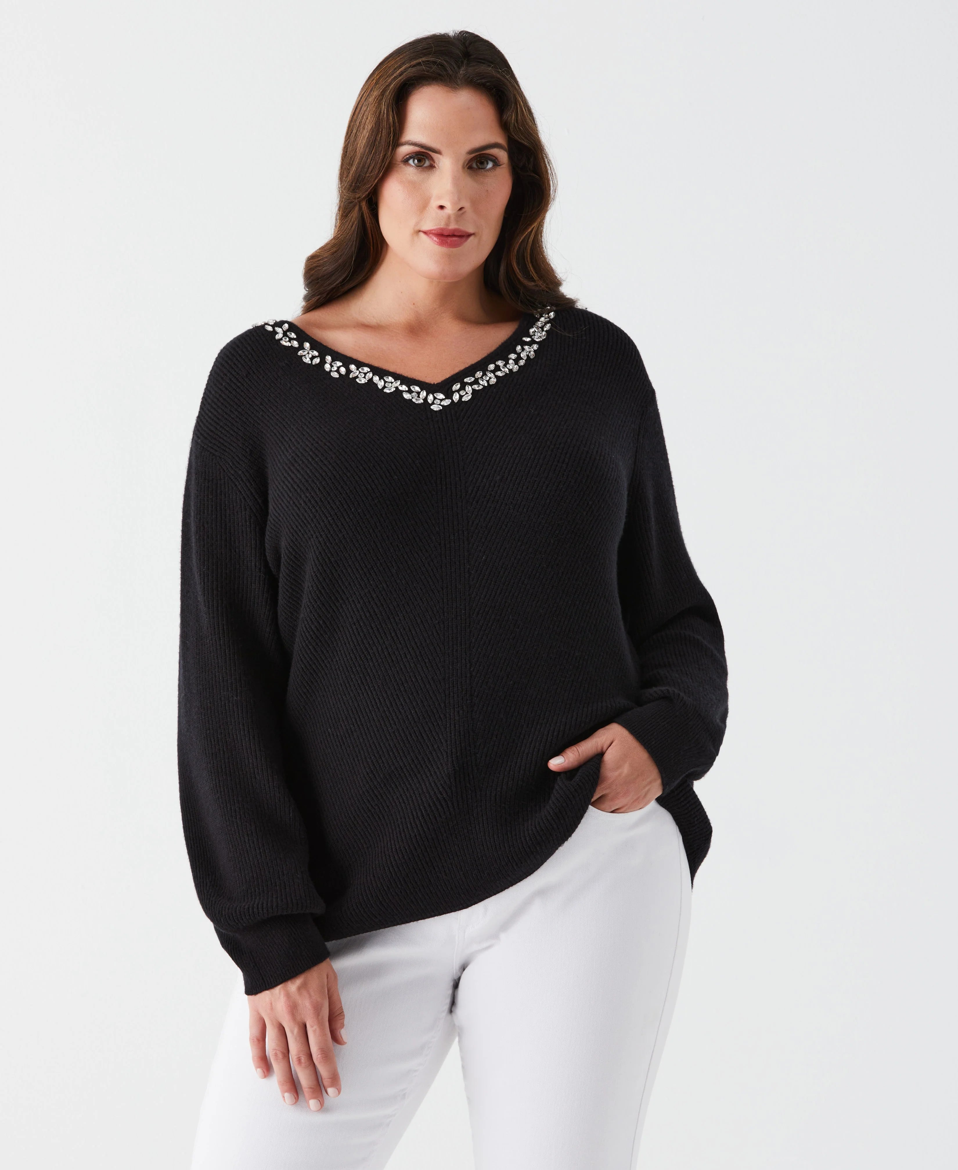 Plus Size Embellished V Neck Sweater