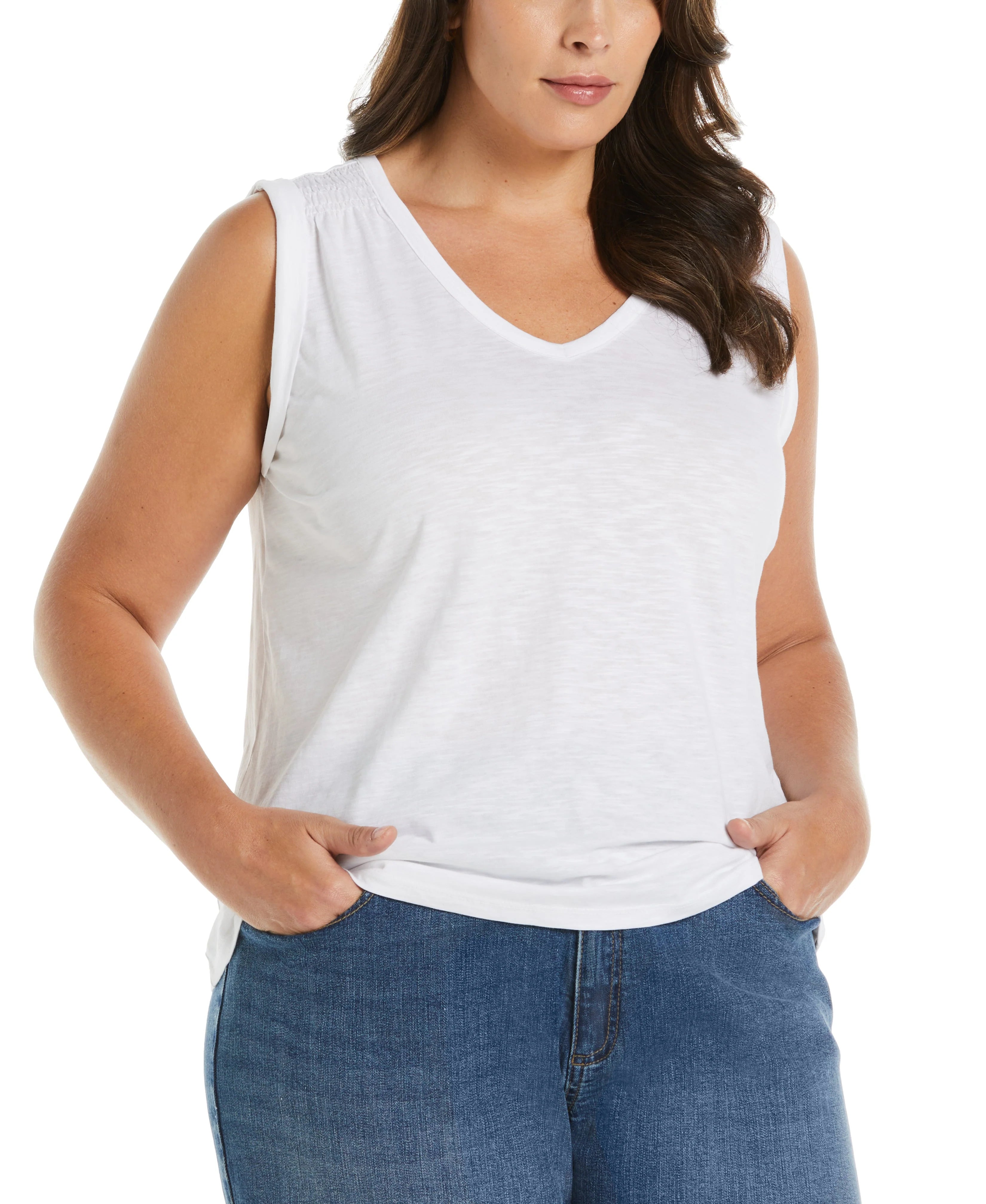 Plus Size Solid Smocked V neck Top