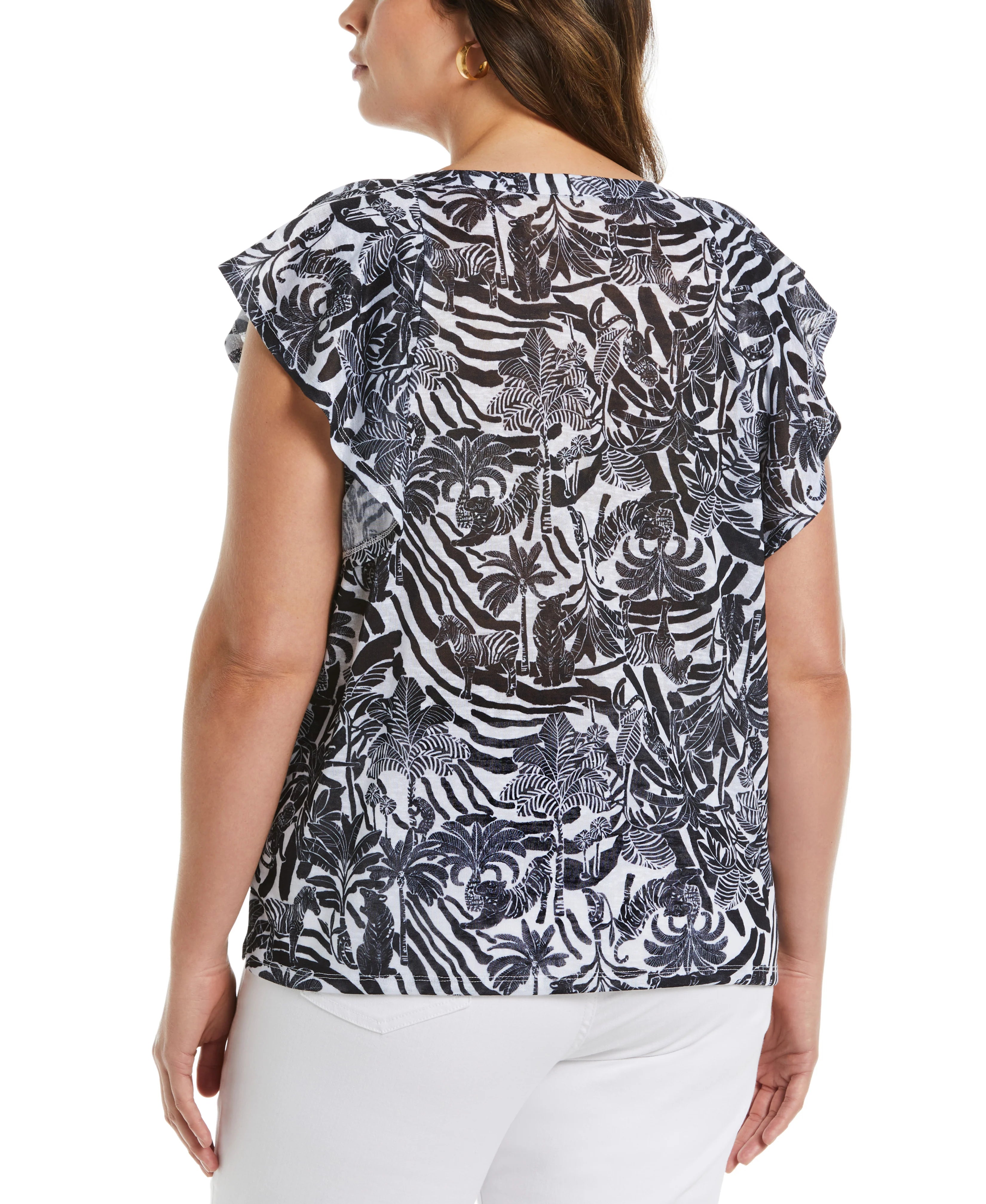 Jungle Print Lace Up Flutter Sleeve Top