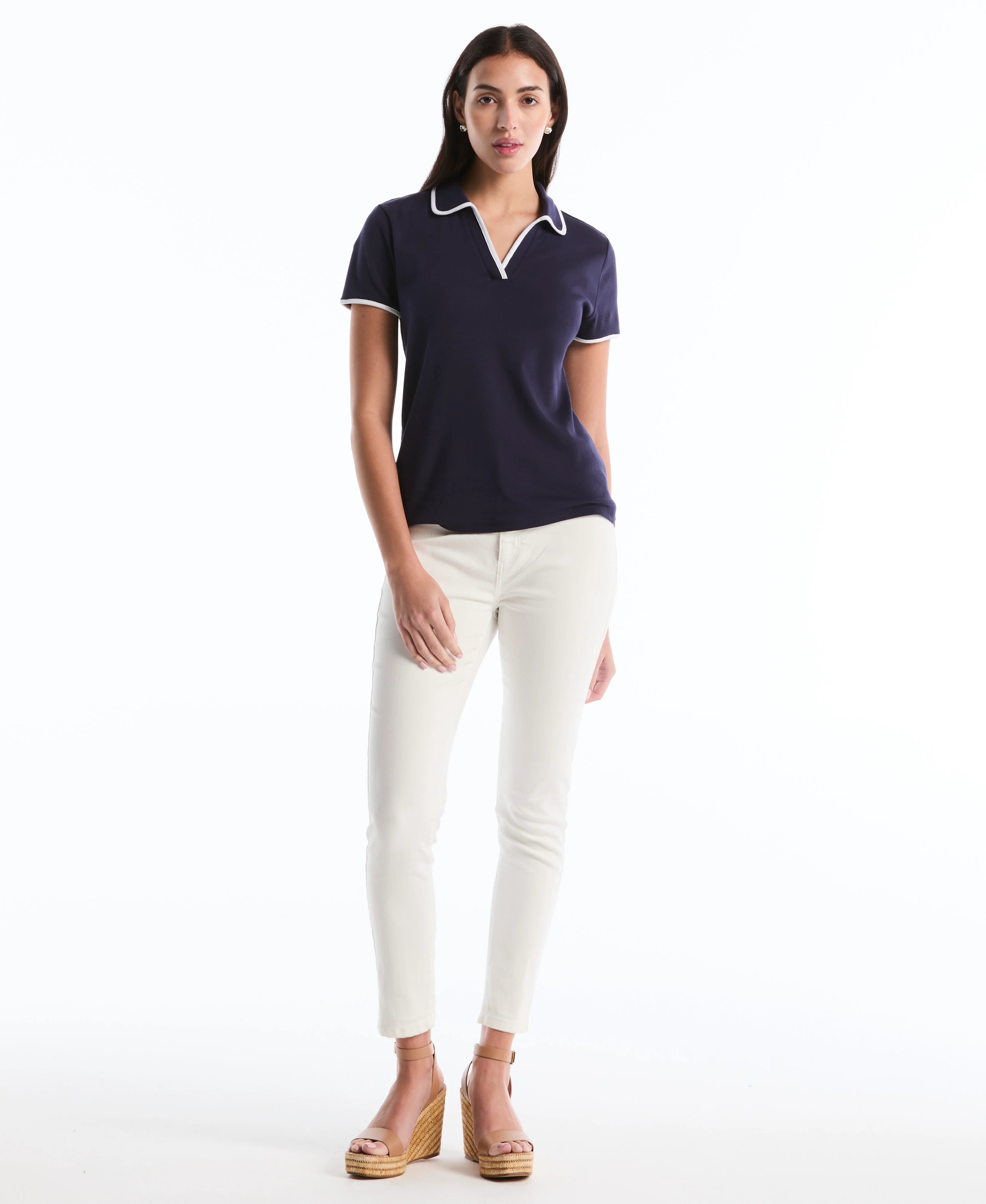 Petite Contrast Trim Johnny Collar Polo