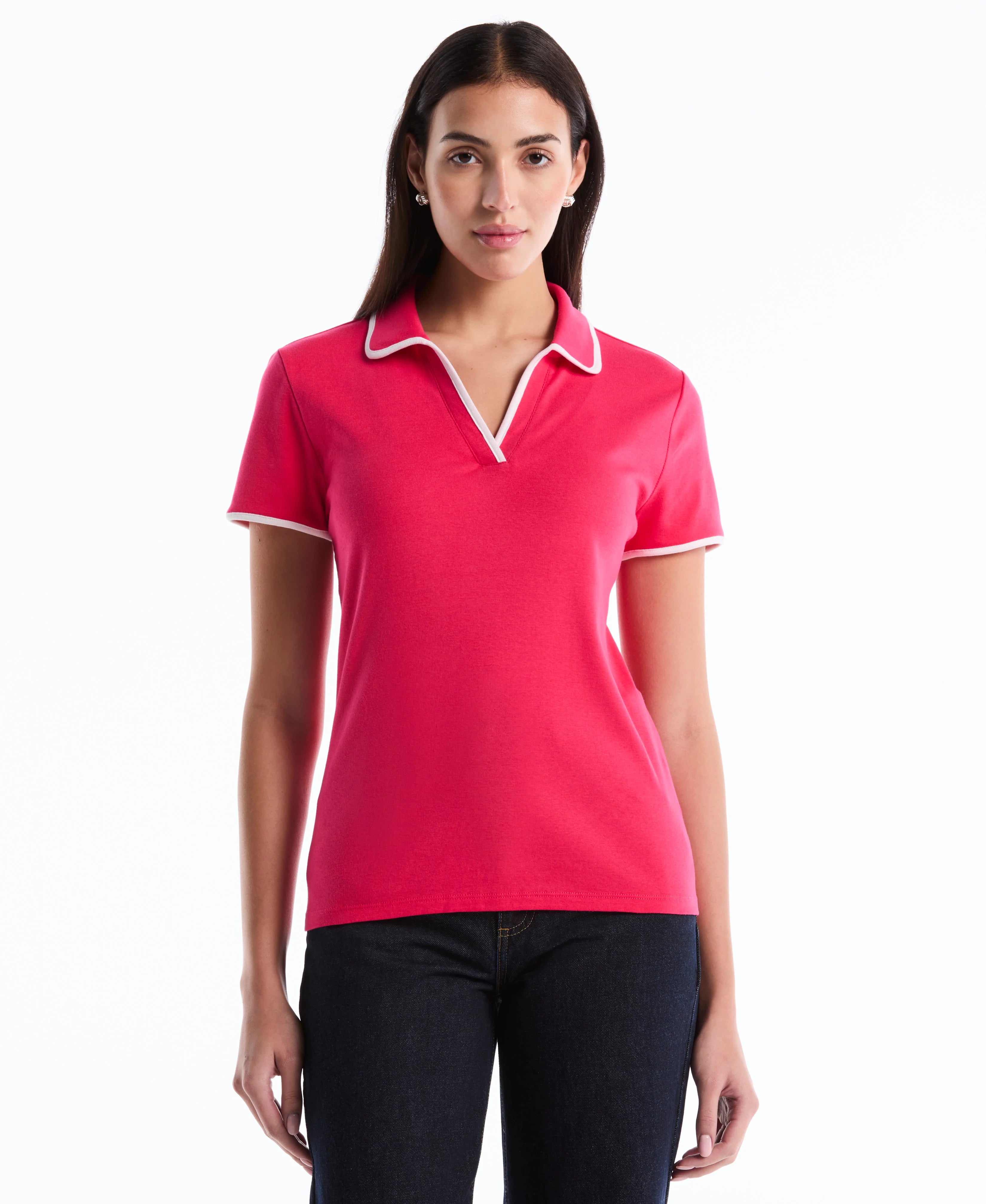 Petite Contrast Trim Johnny Collar Polo