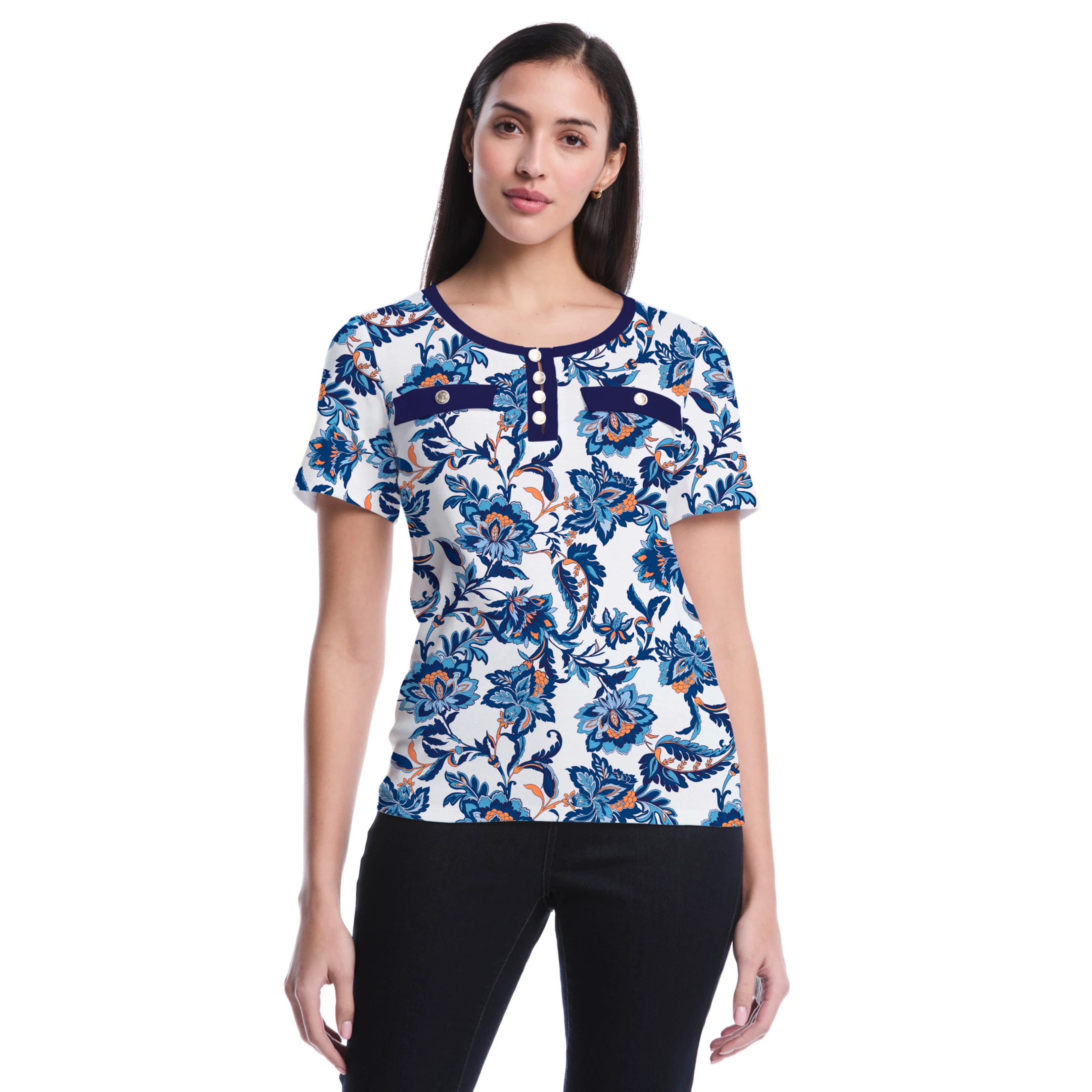 Petite Botanical Welt Pocket Button Detail Top