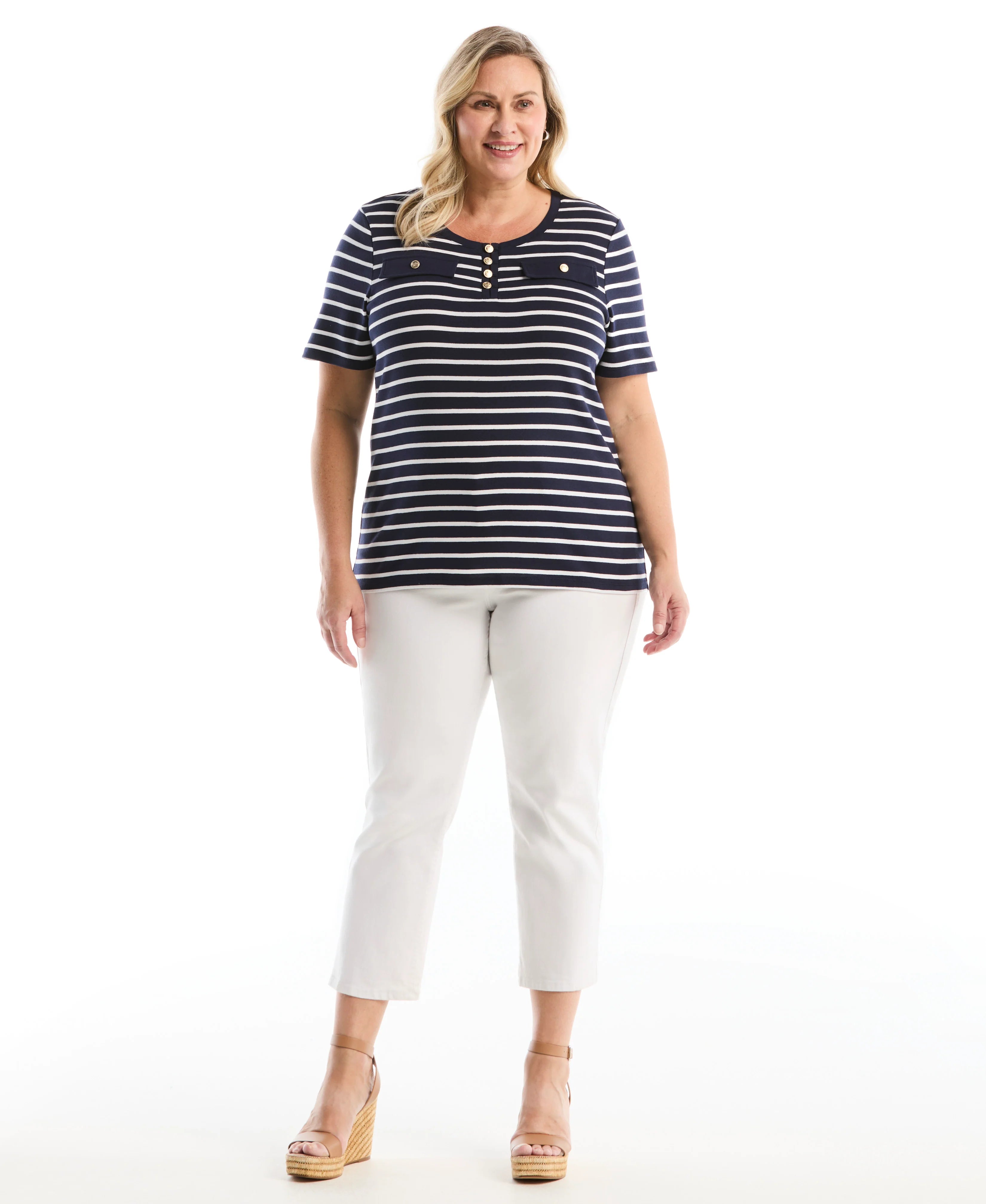 Plus Size Striped Welt Pocket Button Detail Top