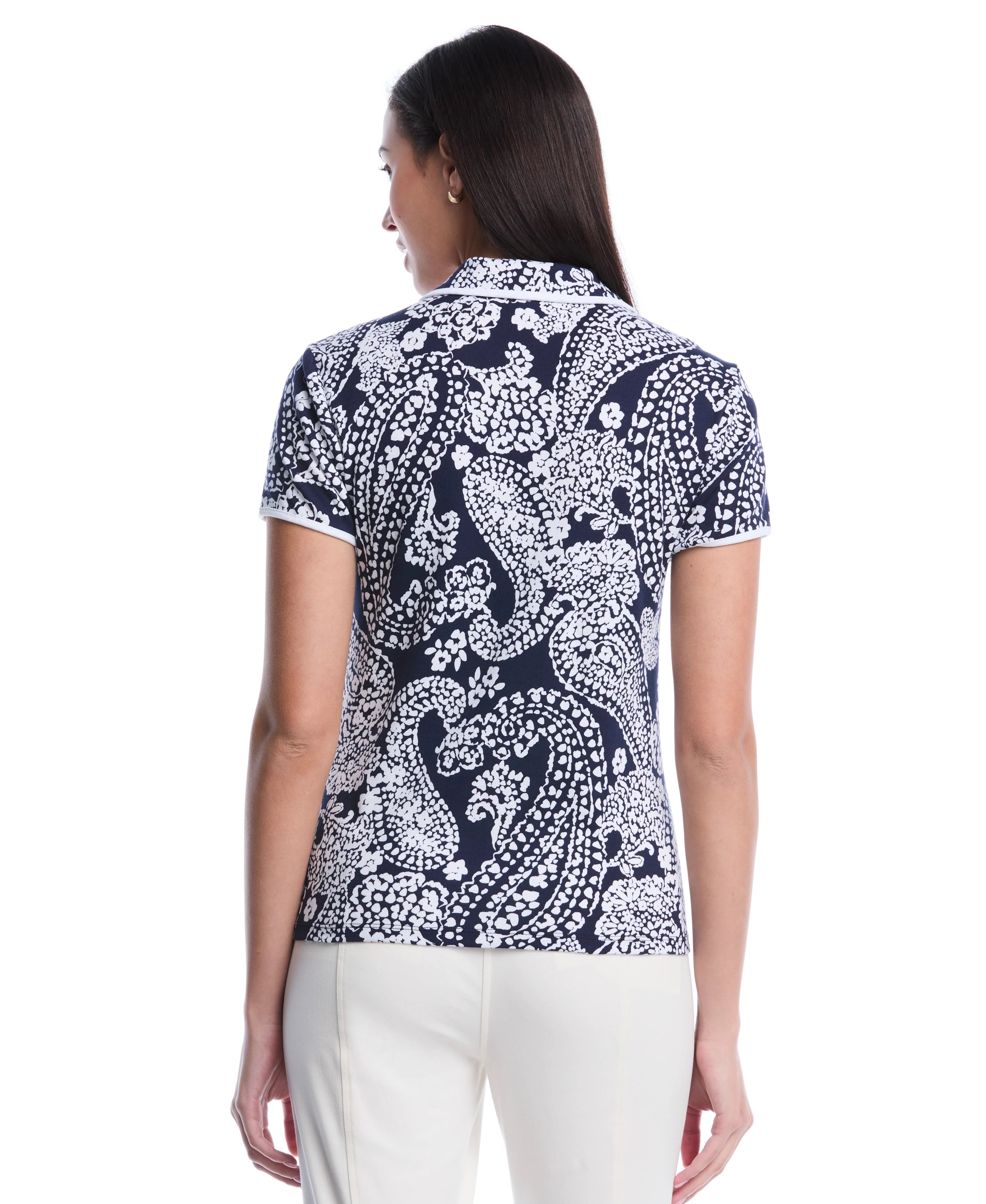 Petite Paisley Print Contrast Trim Johnny Collar Polo