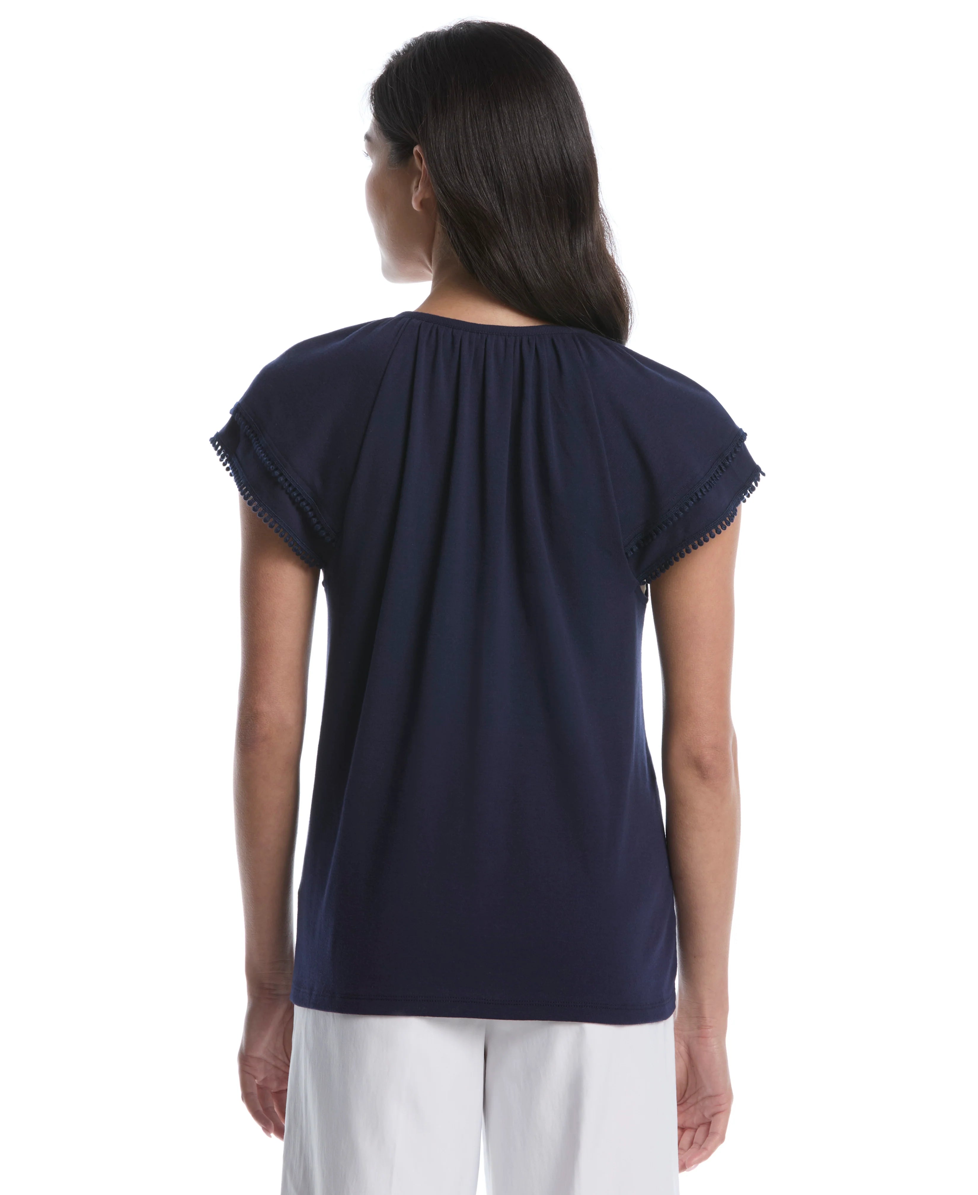 Petite Eyelet Flutter Sleeve Split Neck Top