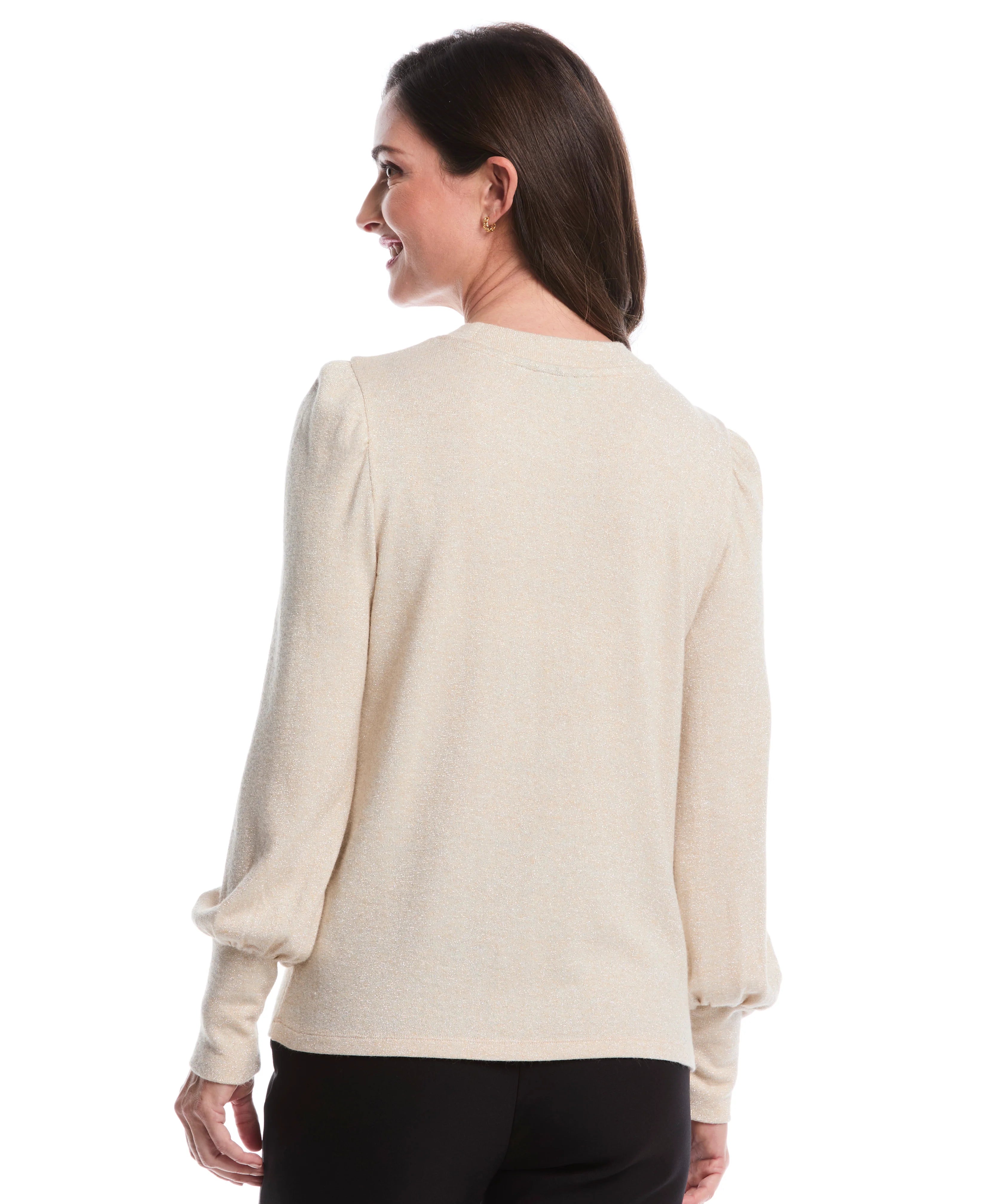 Metallic Puff Sleeve Crew Neck Top