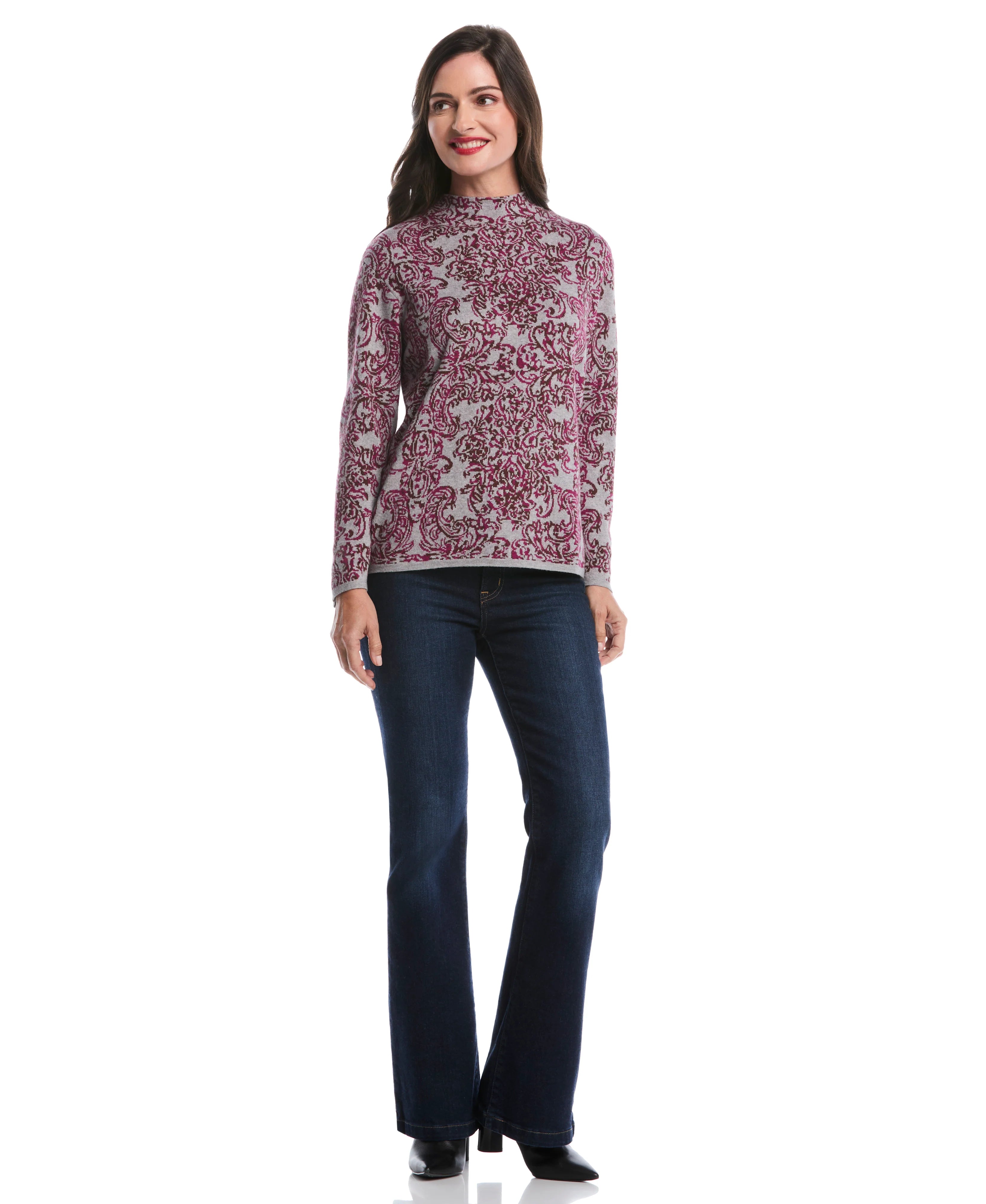 Floral Paisley Print Mock Neck Sweater