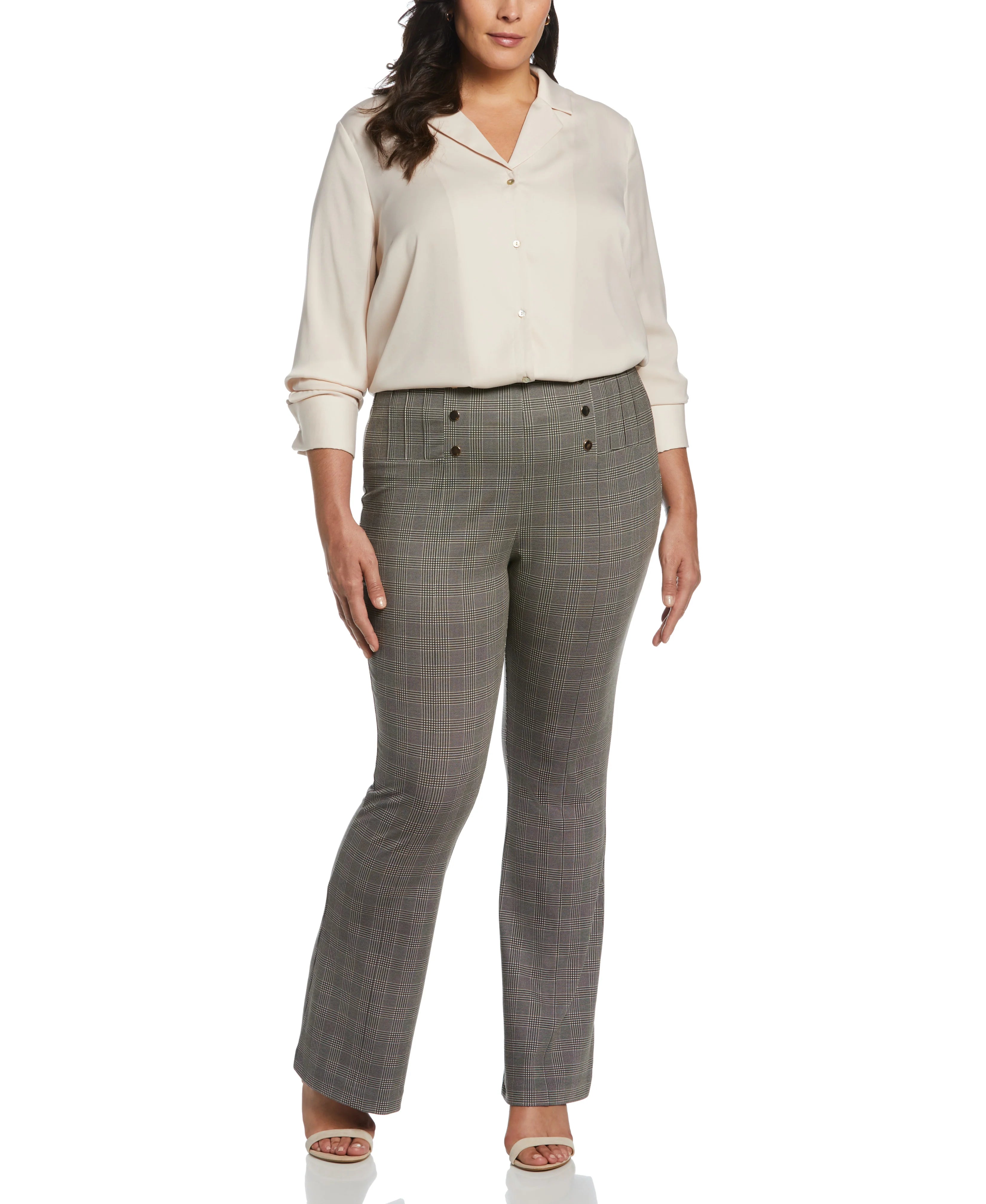 Button Detail Plaid Bootcut Pant