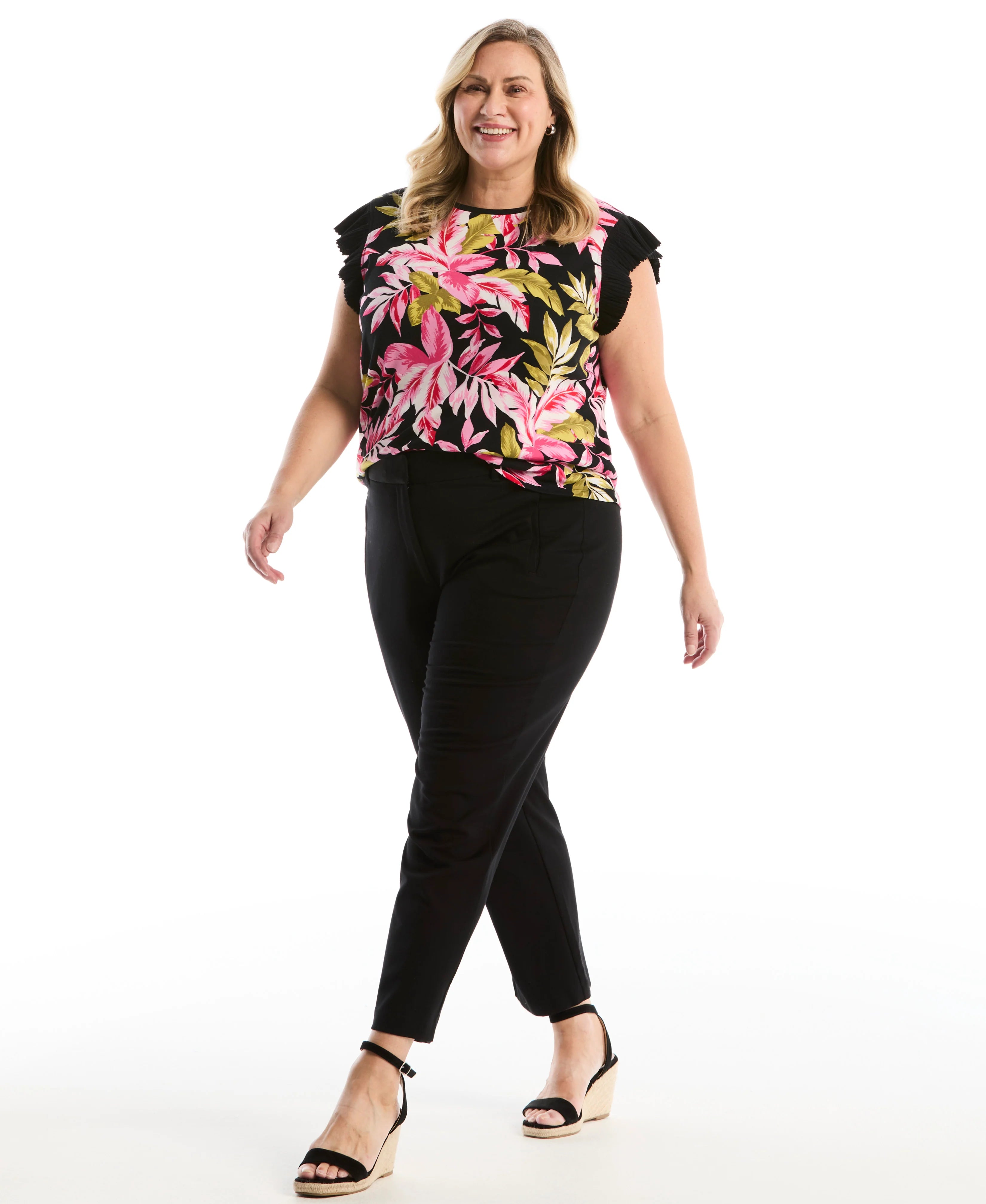 Plus Size Tropical Print Ruffle Top