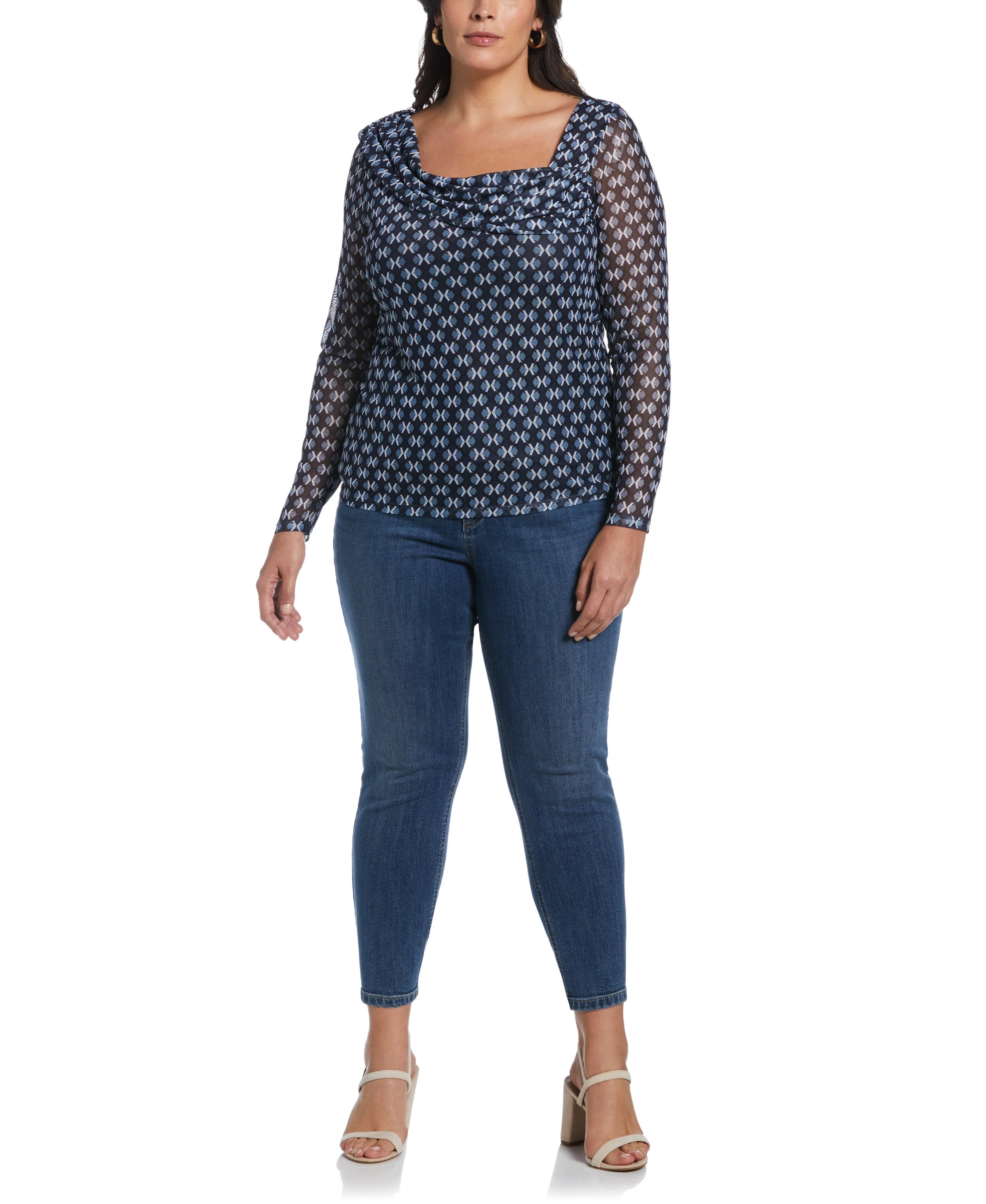 Printed Mesh Drape Neck Top