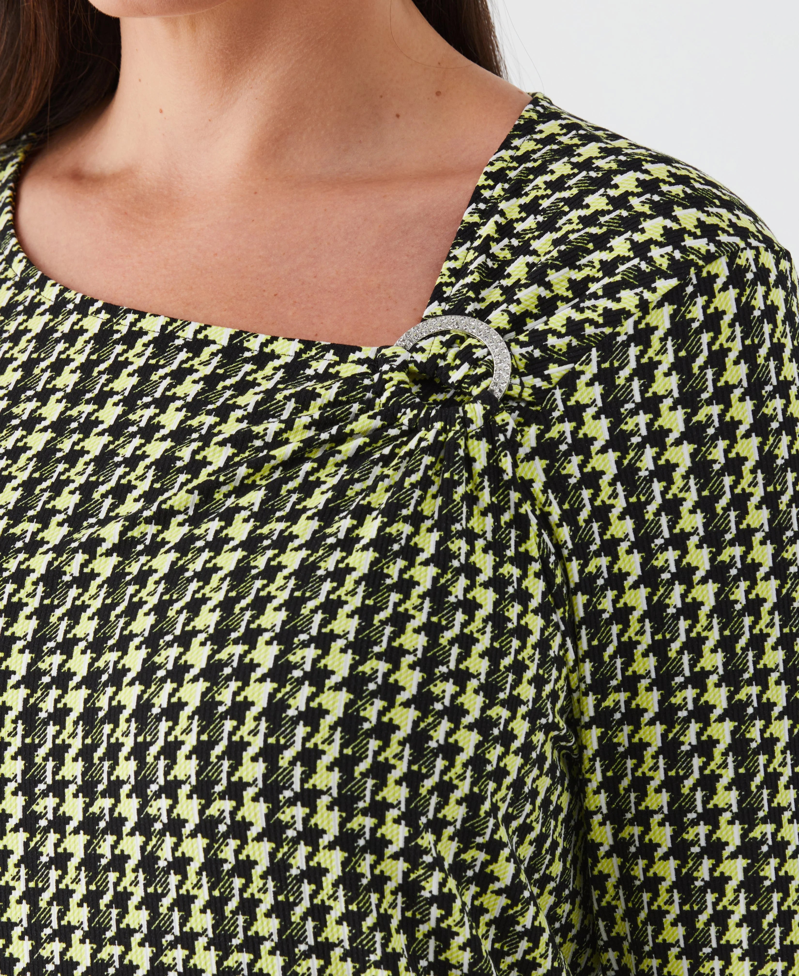Plus Size Houndstooth Print Asymmetric Neck Top