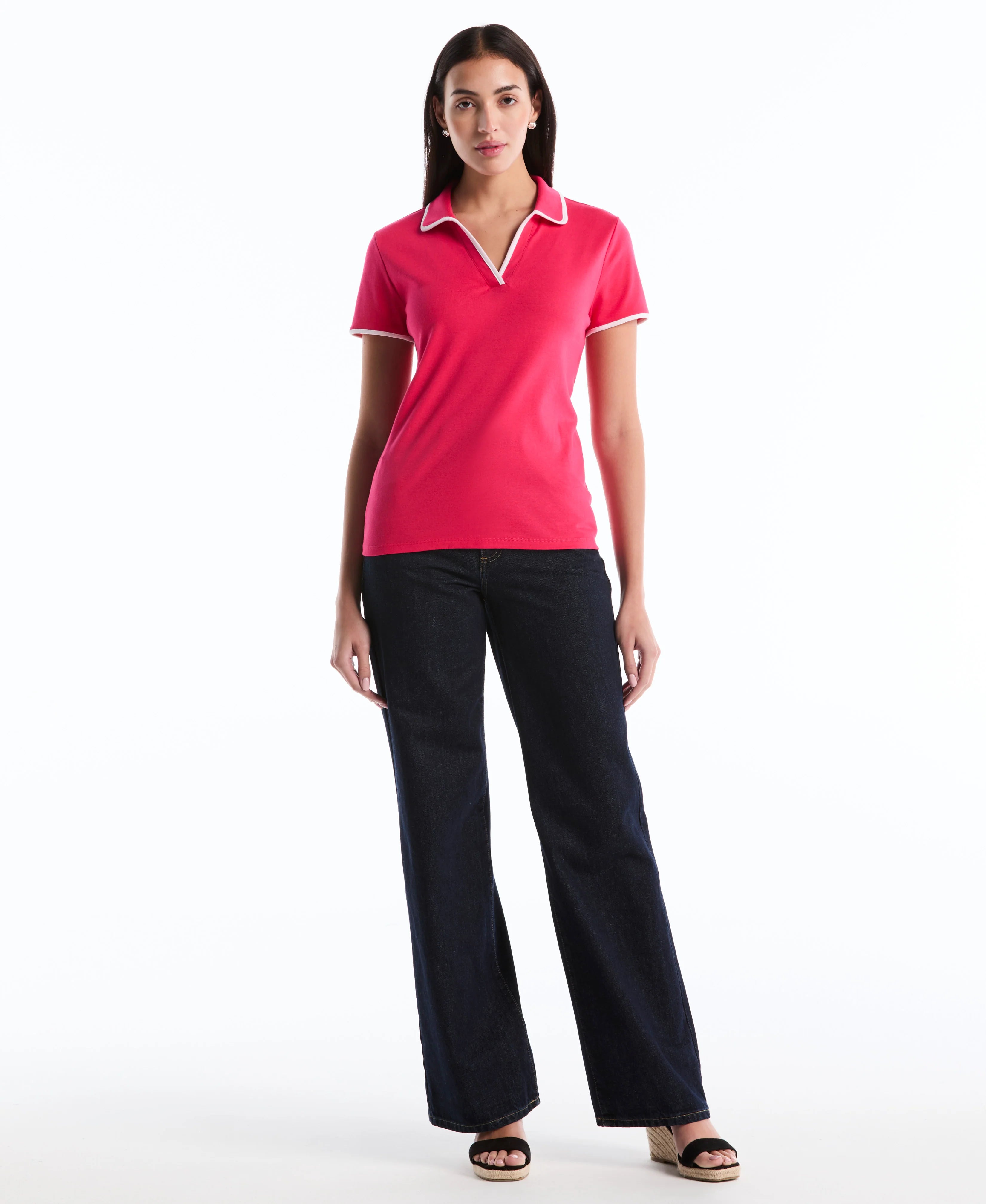 Petite Contrast Trim Johnny Collar Polo