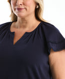 Plus Size Eyelet Flutter Sleeve Split Neck Top